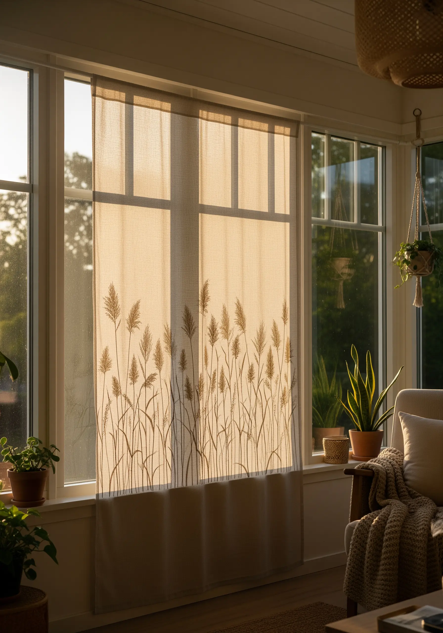 Embroidered silhouettes of pampas grass along the bottom of a sheer linen curtain.