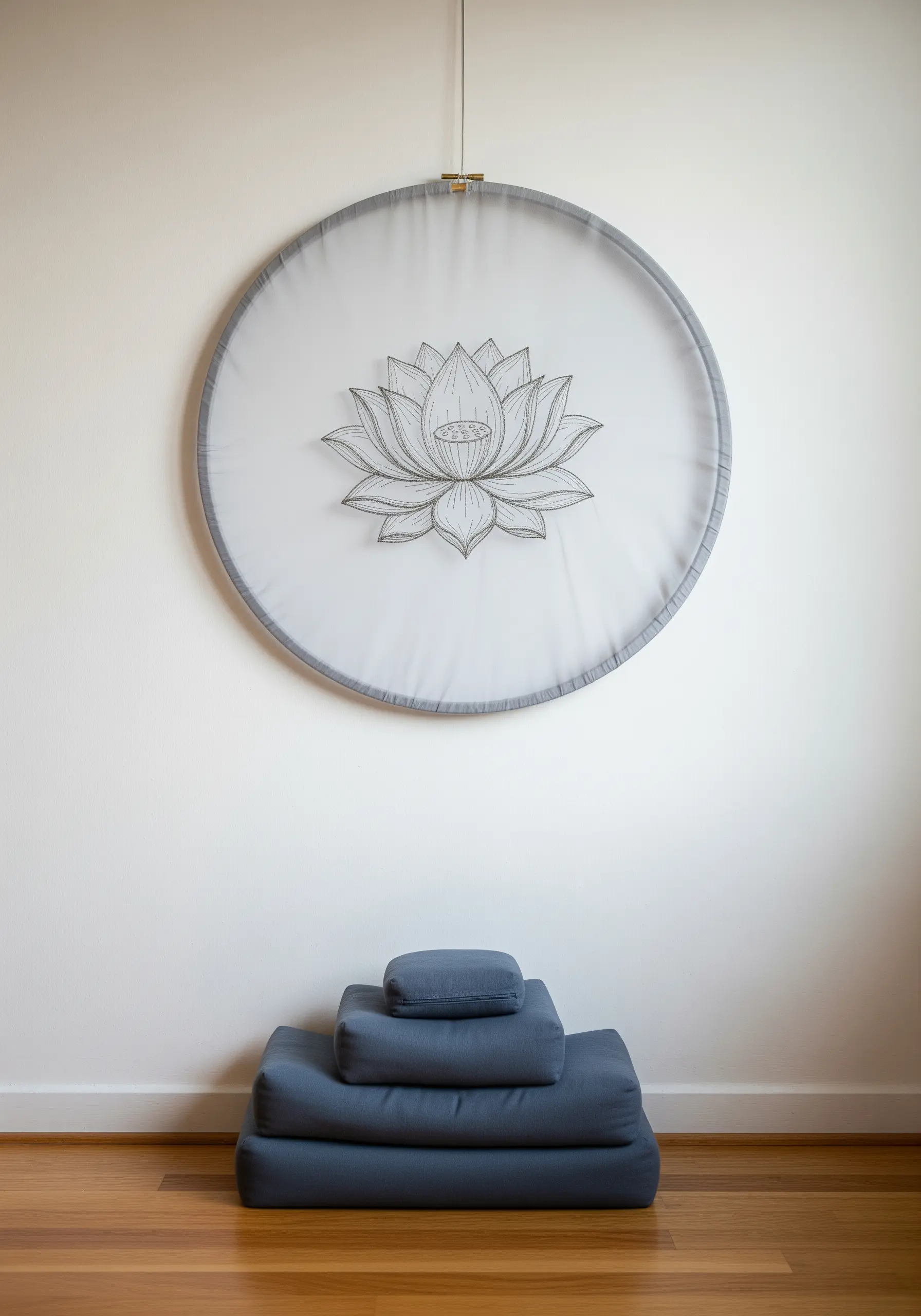 Large round embroidery hoop with a lotus flower stitched on sheer white fabric