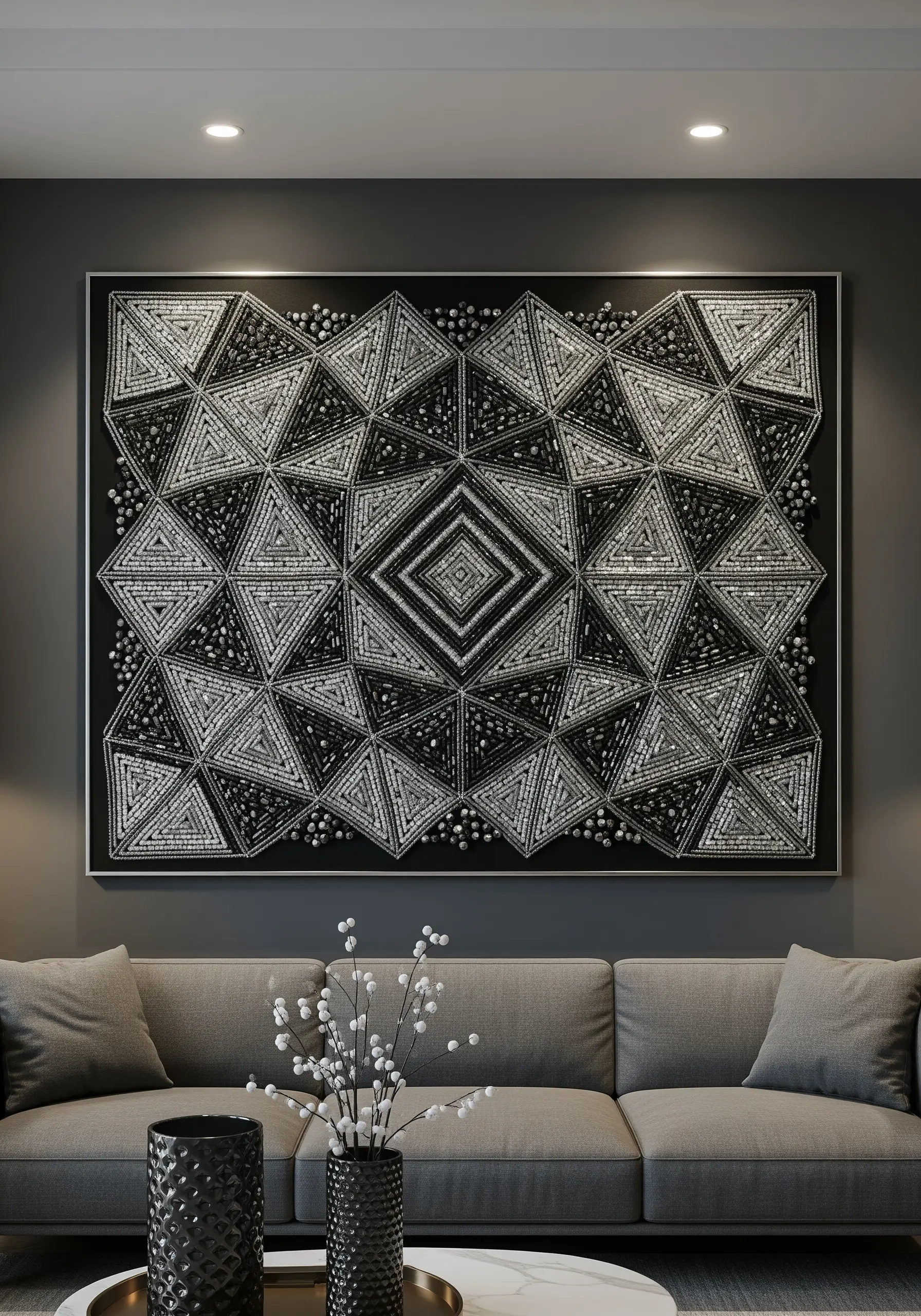 Large, intricate geometric wall art made entirely of black, white, and silver beads.
