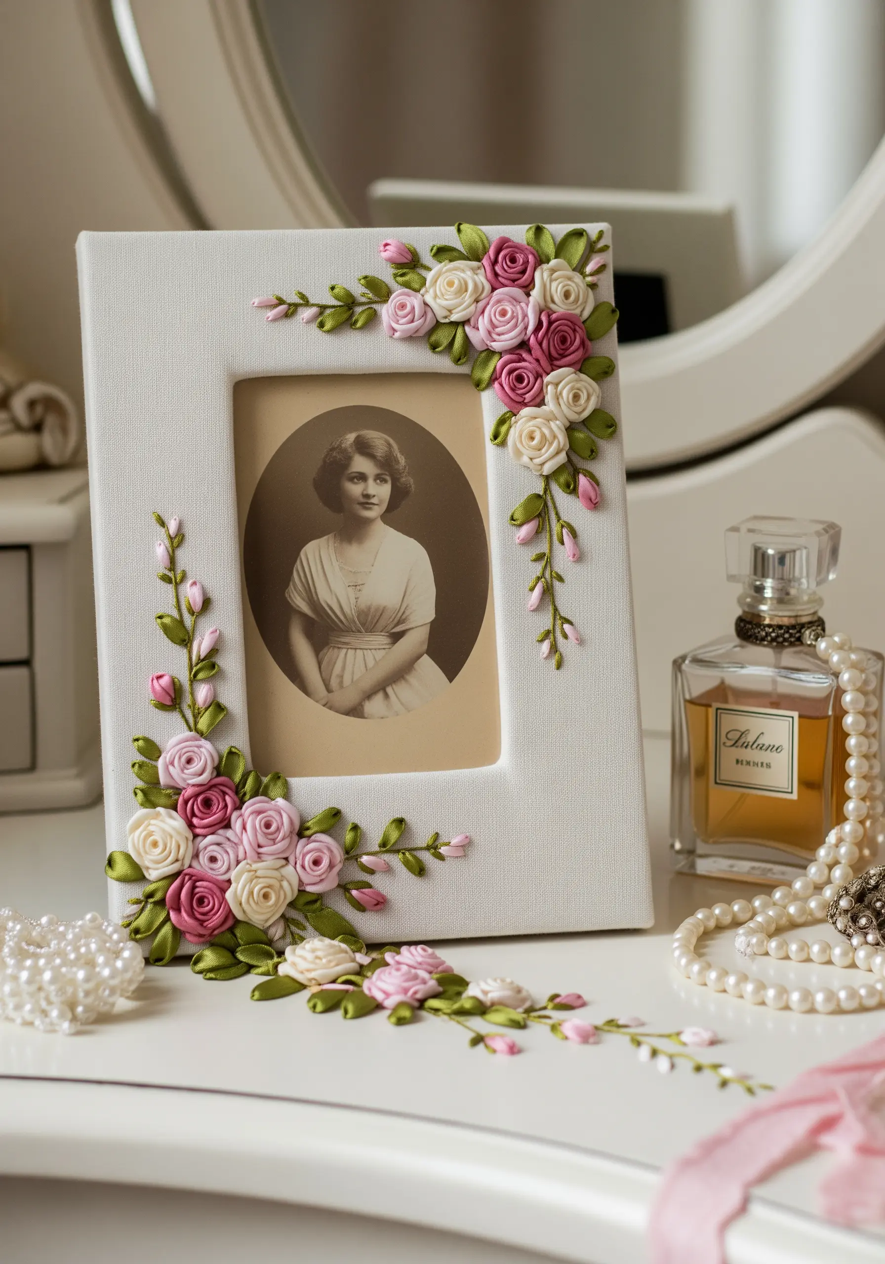 White frame with silk ribbon rose embroidery