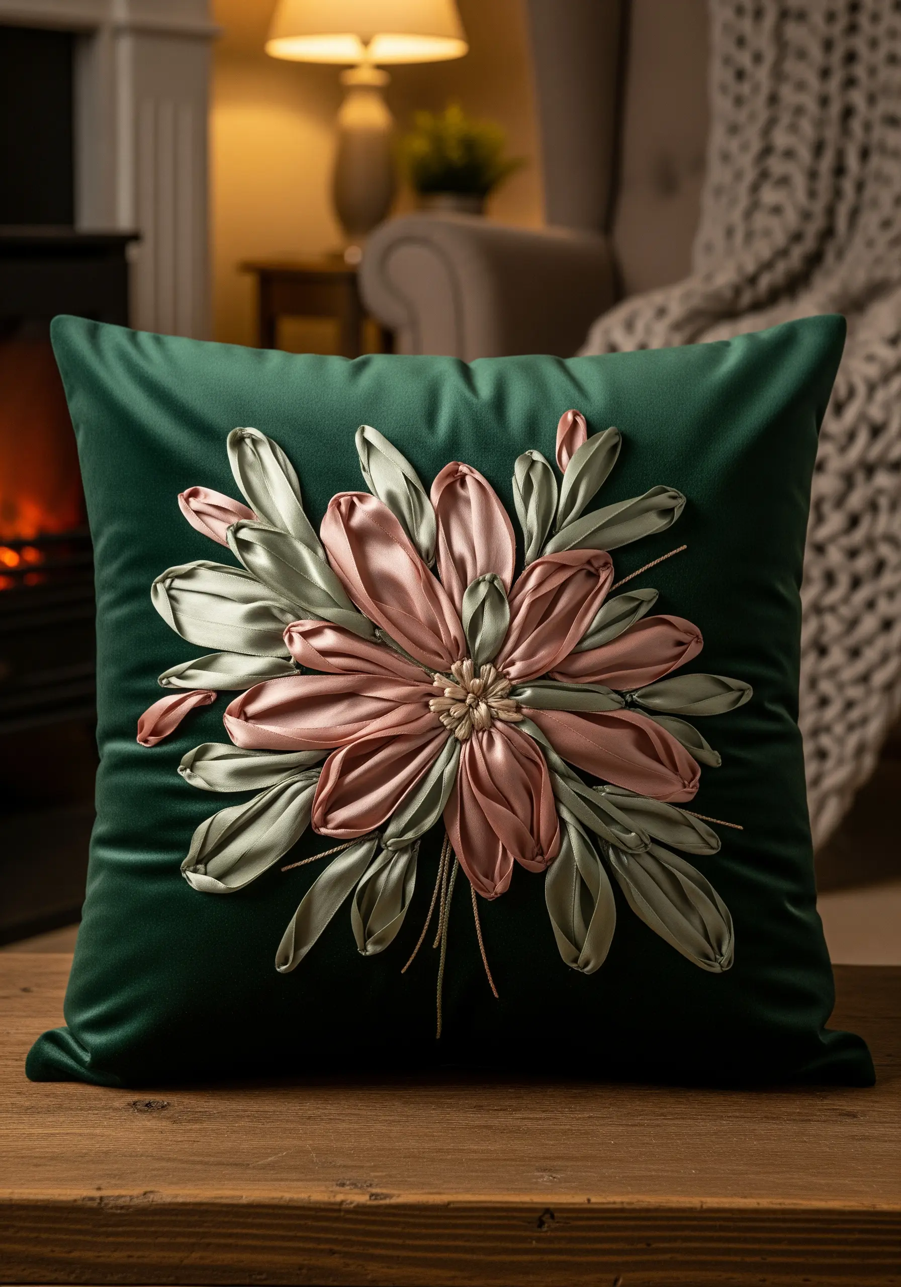 Green velvet pillow with pink silk ribbon embroidery flower