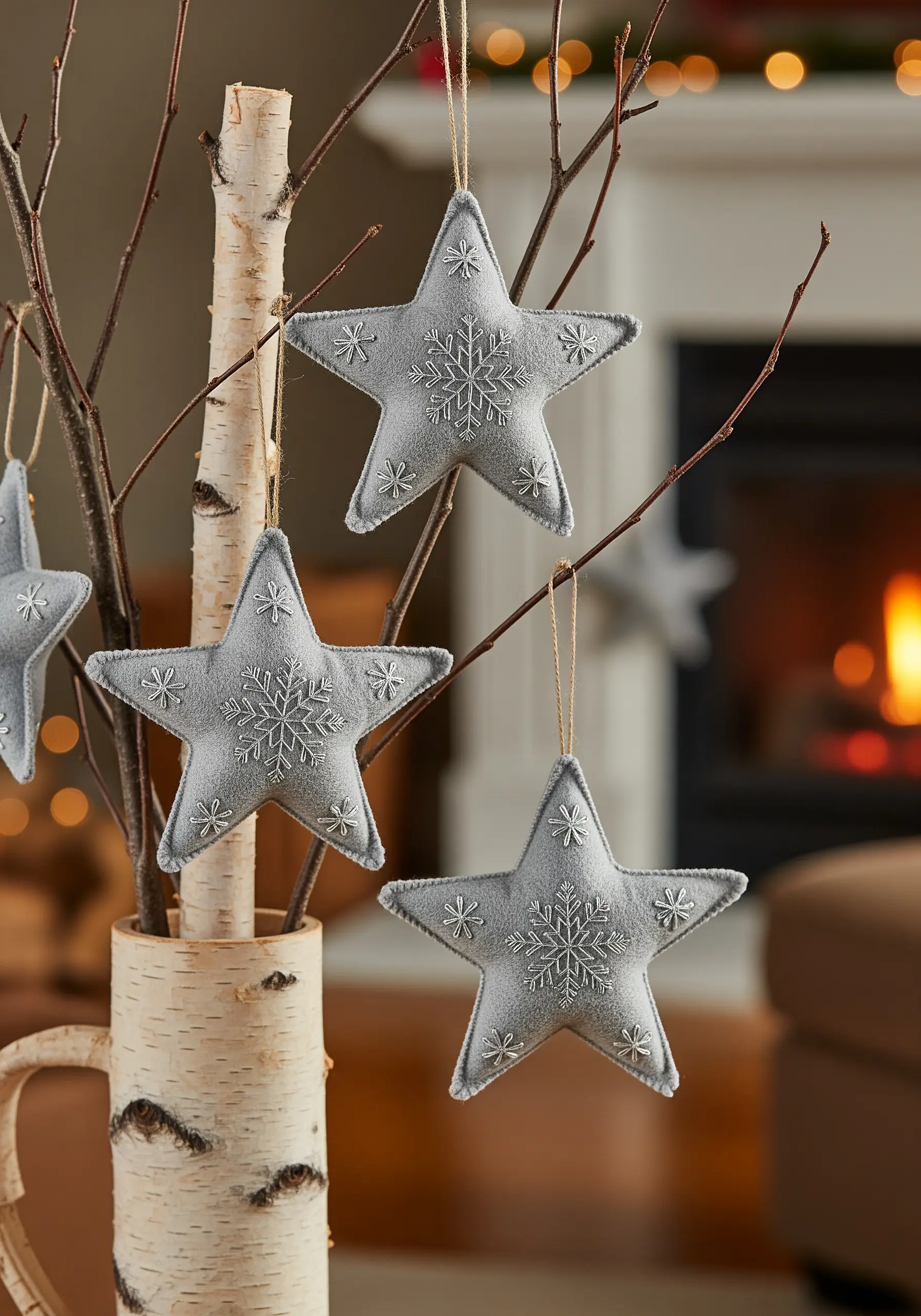 Grey felt stars with silver snowflake embroidery