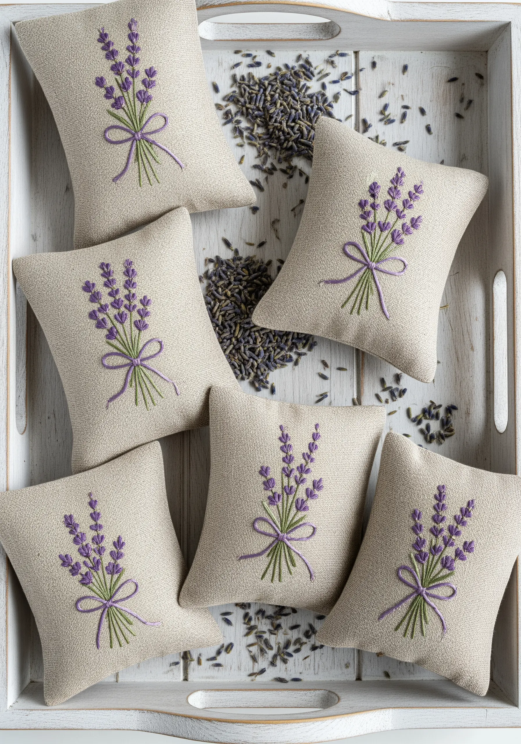 Small linen sachets with simple embroidered lavender bouquets tied with a bow.