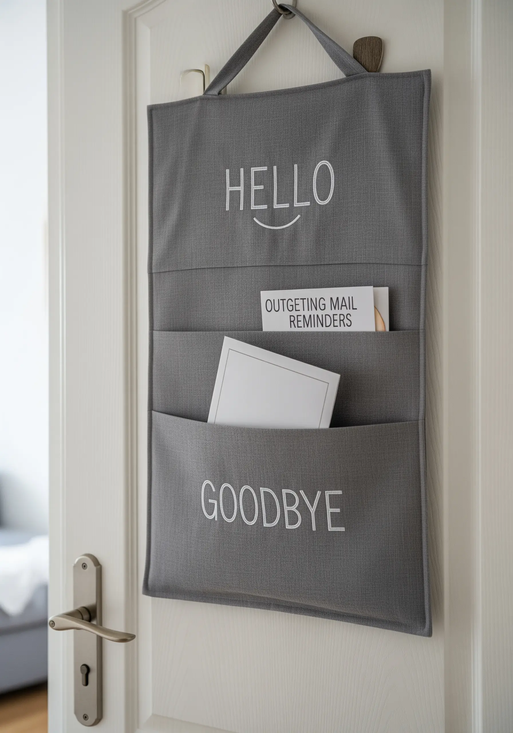 'HELLO' and 'GOODBYE' embroidered in simple white letters on a grey door organizer.
