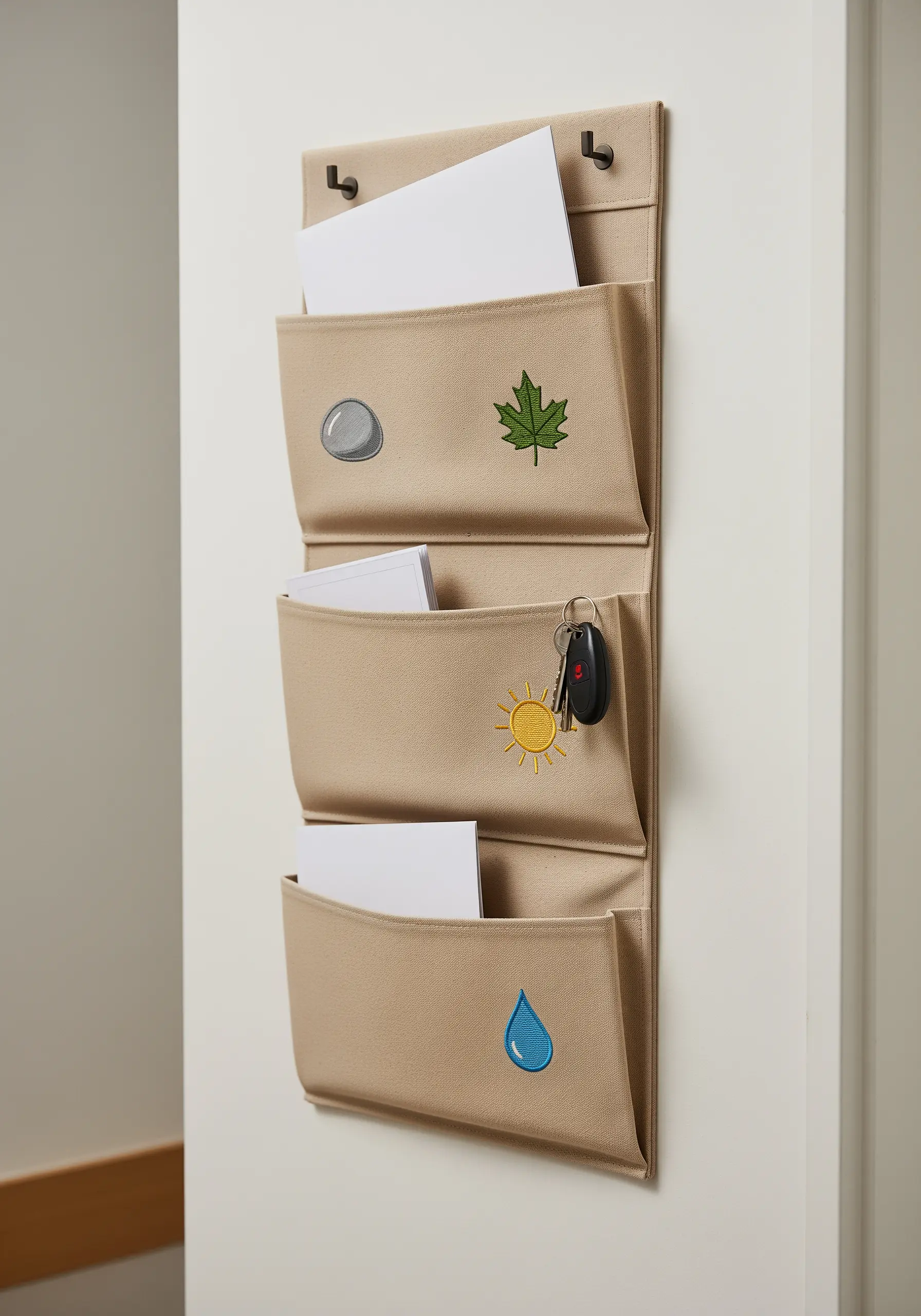 A beige fabric wall organizer with small, simple embroidered icons on each pocket.