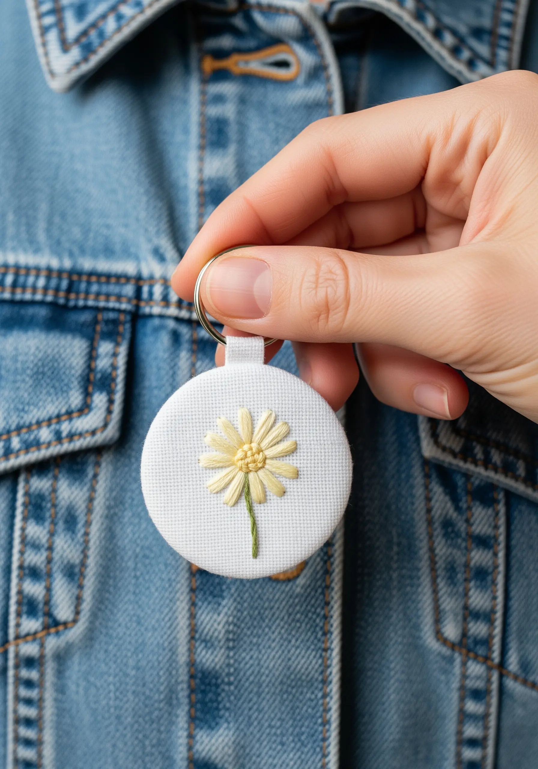 A simple embroidered daisy with yellow French knot center on a white keychain