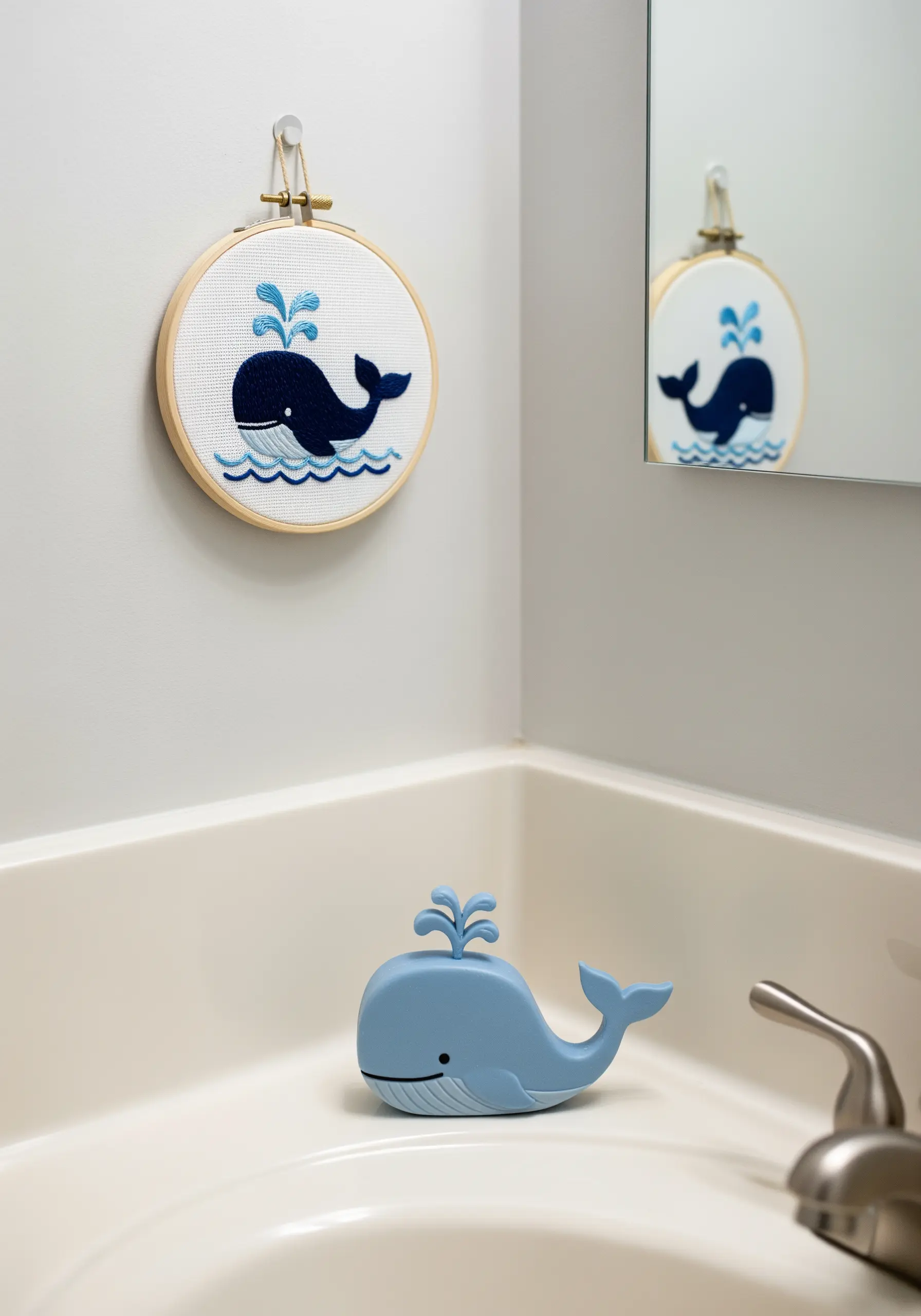 A simple cross-stitch of a blue whale spouting water on Aida cloth.