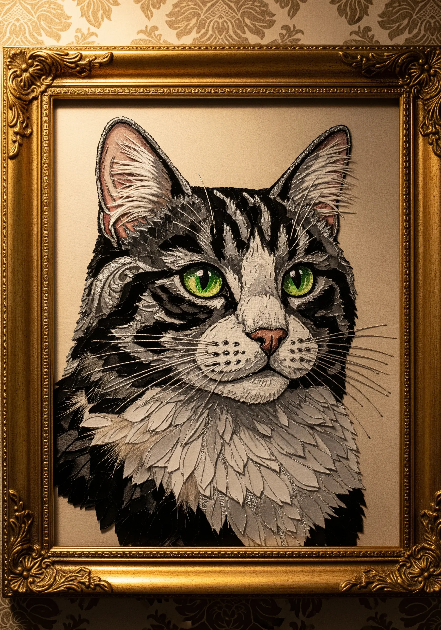 Realistic cat portrait created with layered fabric pieces that mimic the texture of fur.