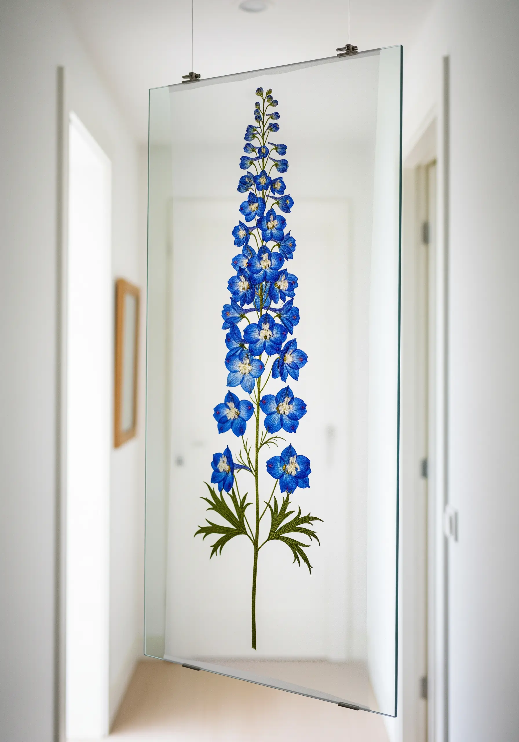 Tall blue delphinium design on a hanging glass panel, inspiring sheer appliqué techniques.