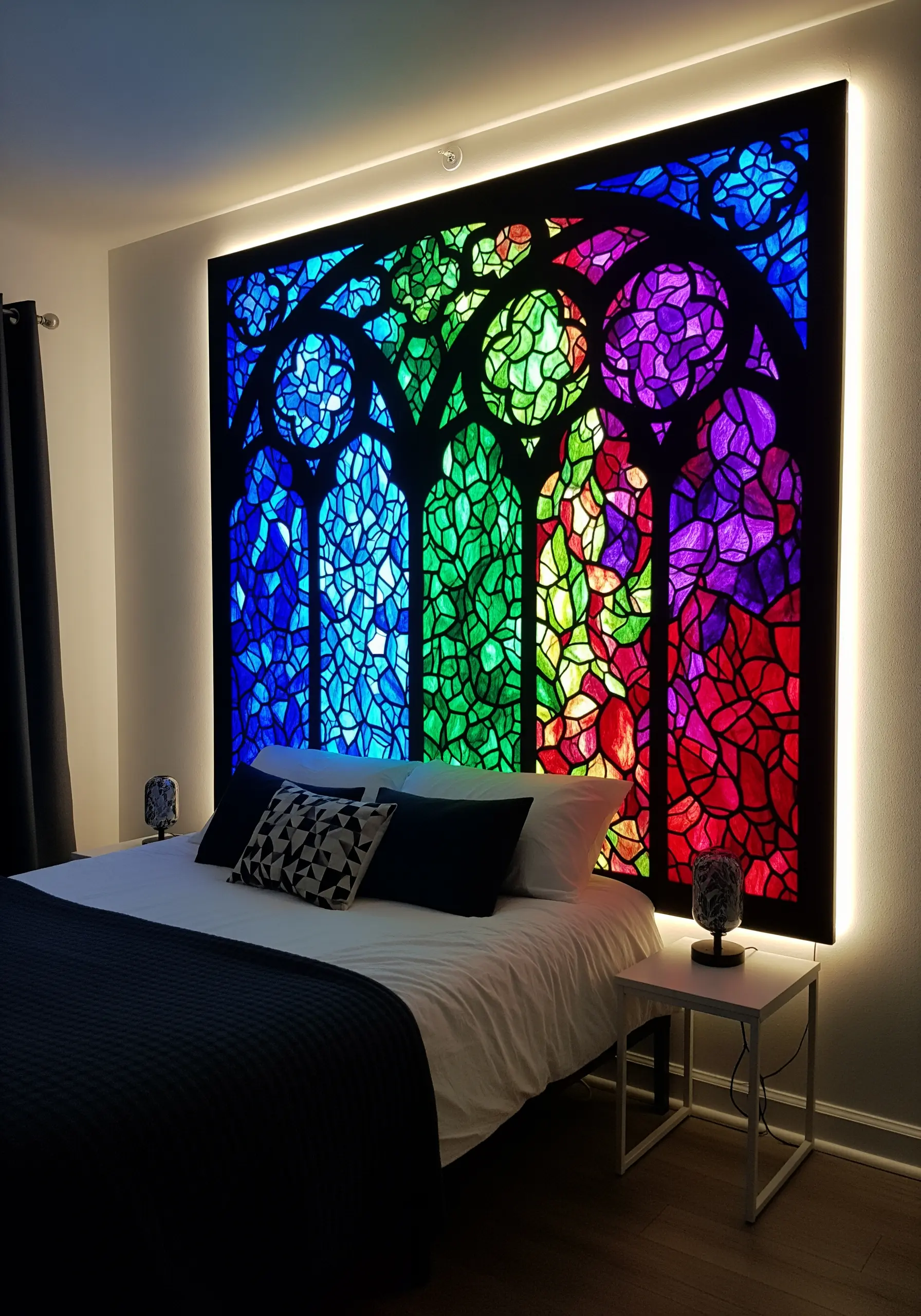 A backlit embroidery panel behind a bed, designed to look like a colorful stained glass window.