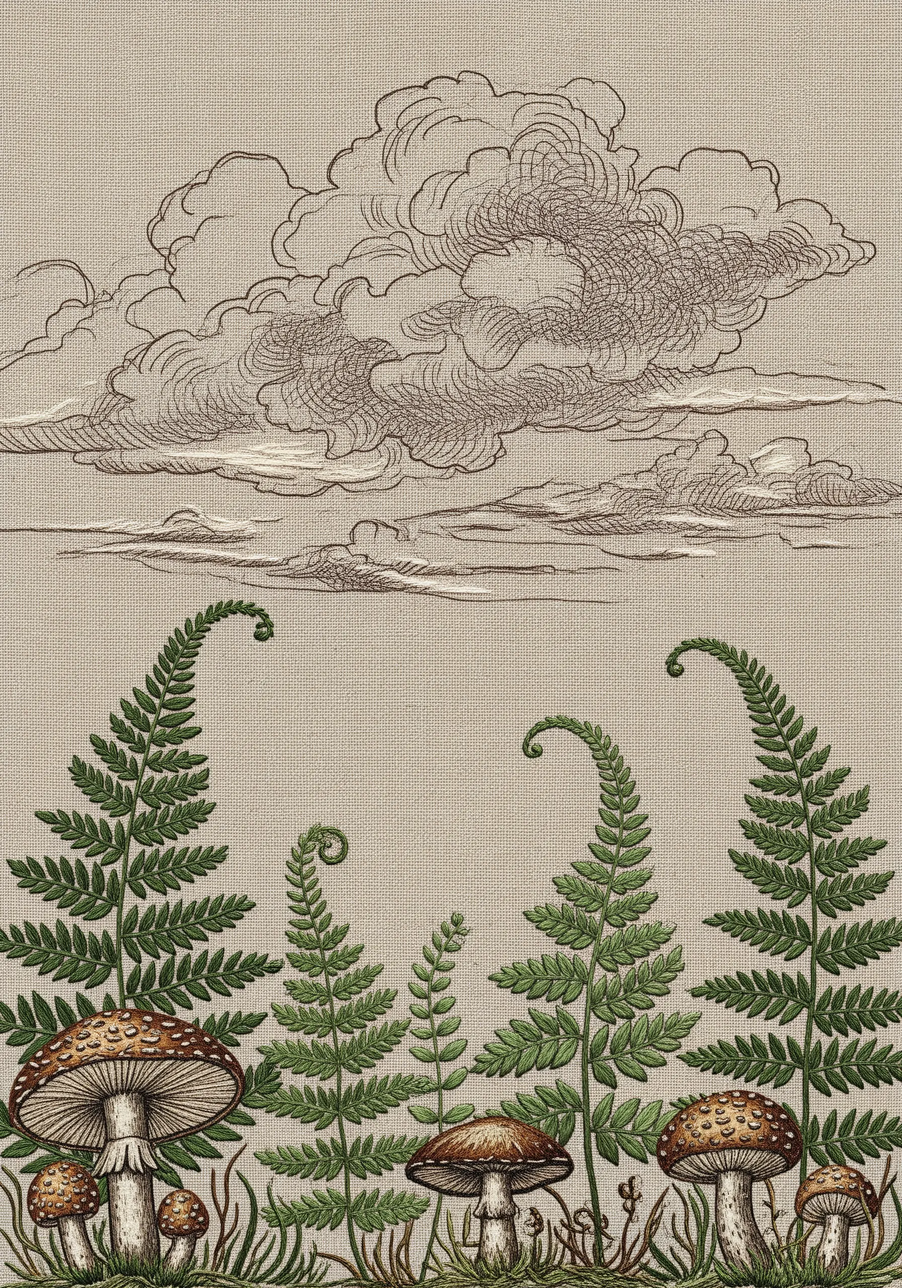 Sepia toned sketch style embroidery of clouds and mushrooms