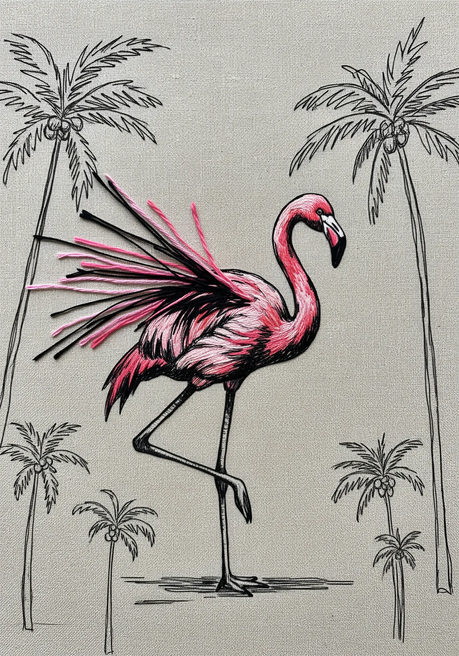 Sketch-style artistic flamingo embroidery with motion lines