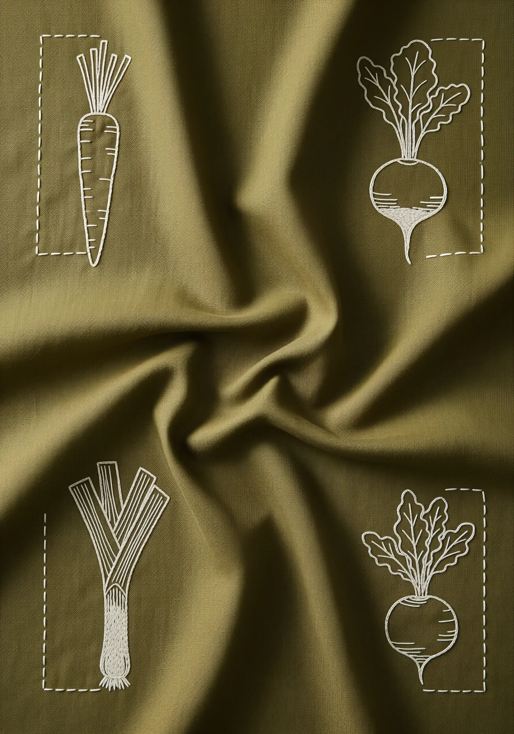 Four sketch-style root vegetables embroidered in white on an olive green fabric.