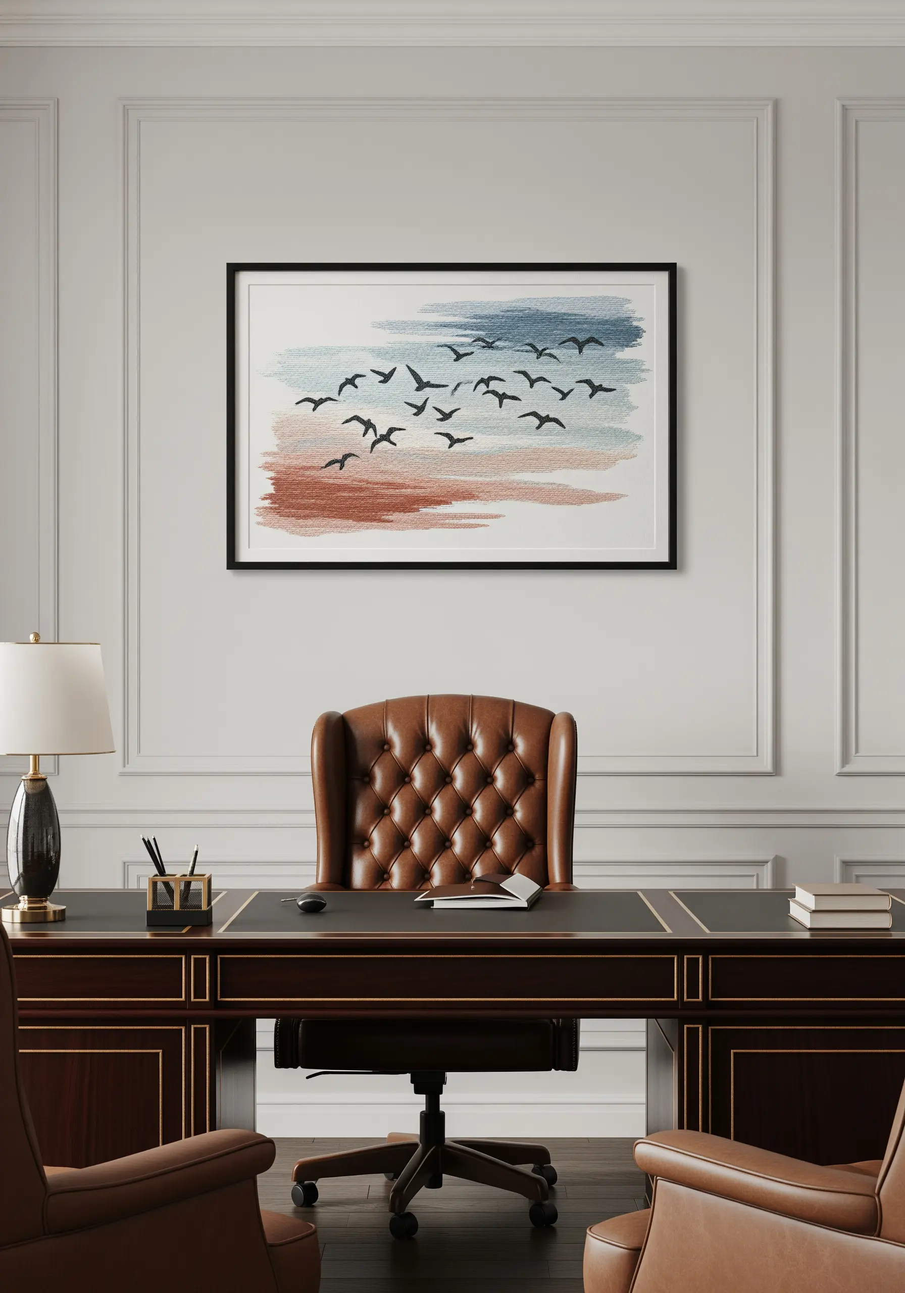 Framed embroidery of a flock of birds flying over a background of loose, sketchy stitches