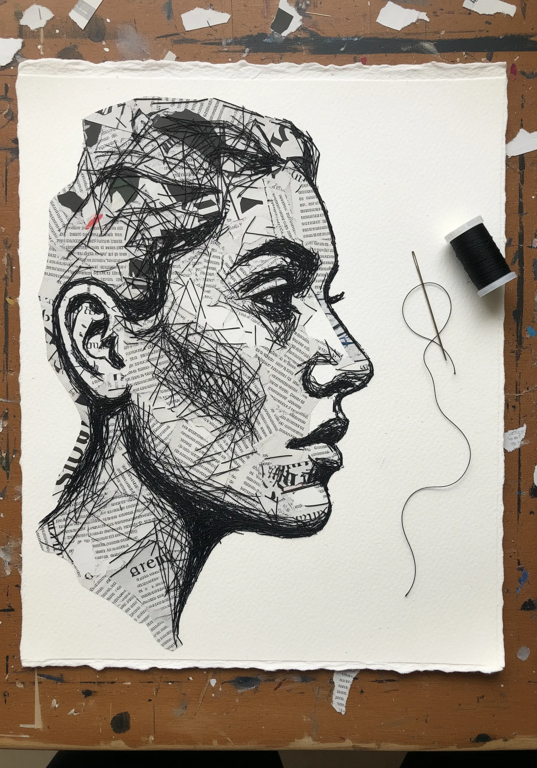 Portrait illustration using messy black thread for hair texture