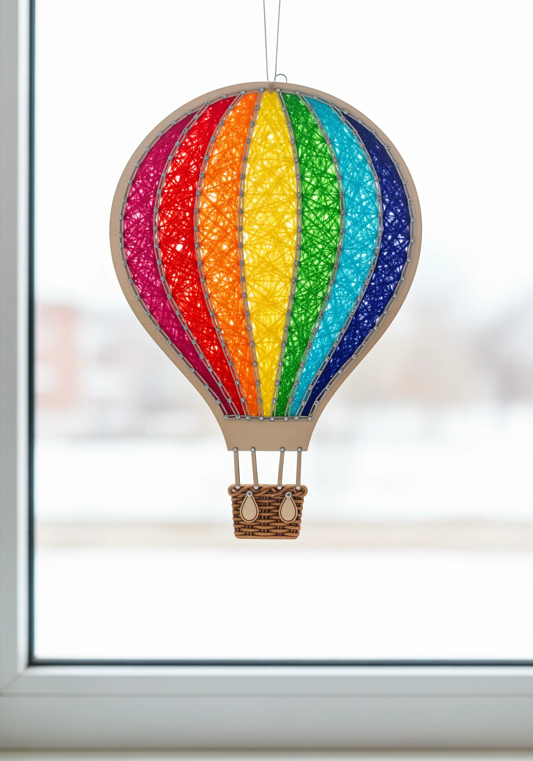 A string art hot air balloon with vibrant vertical rainbow stripes.