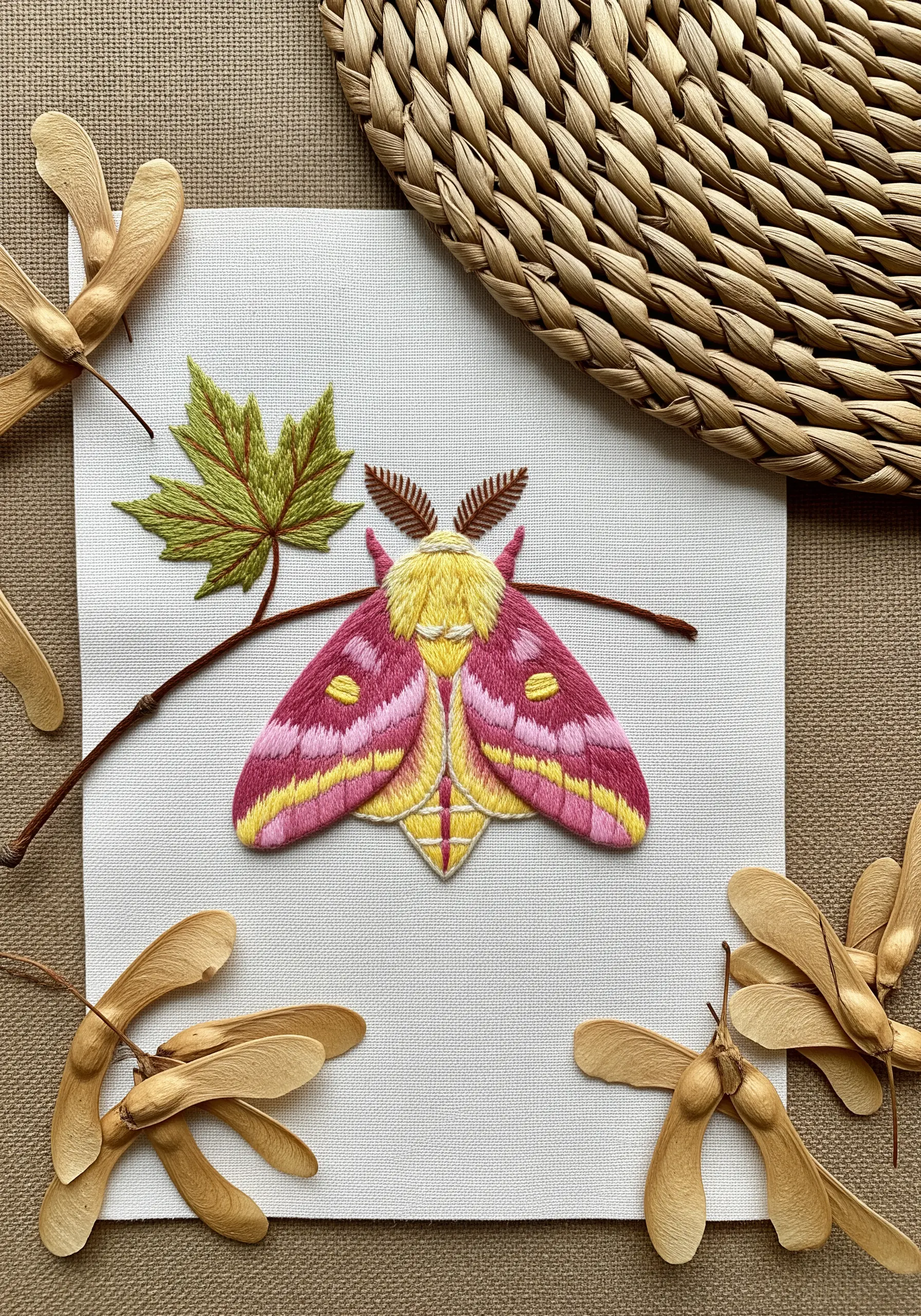 A pink and yellow Rosy Maple moth embroidered on a white canvas.