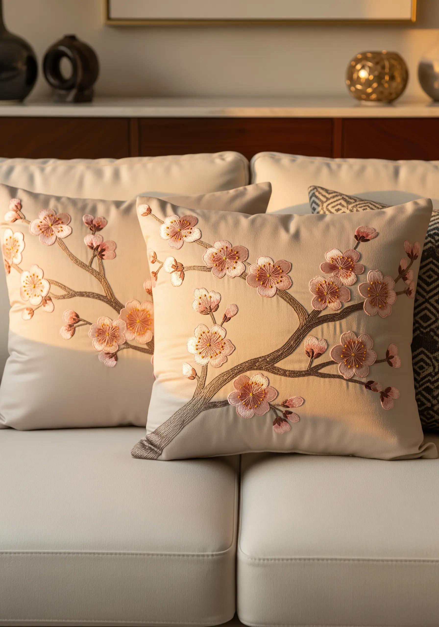 Long-and-short stitch cherry blossoms with delicate shading on neutral couch cushions.