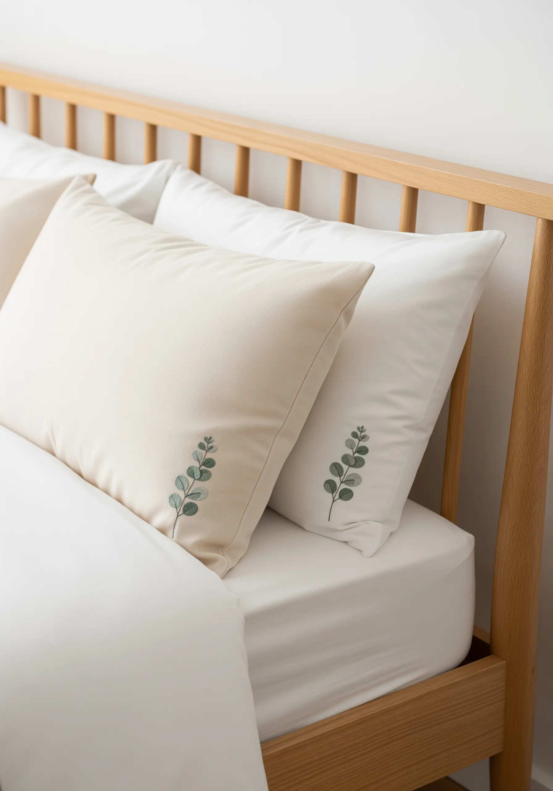 Delicate eucalyptus sprigs with blended green and gray tones embroidered on pillowcases.