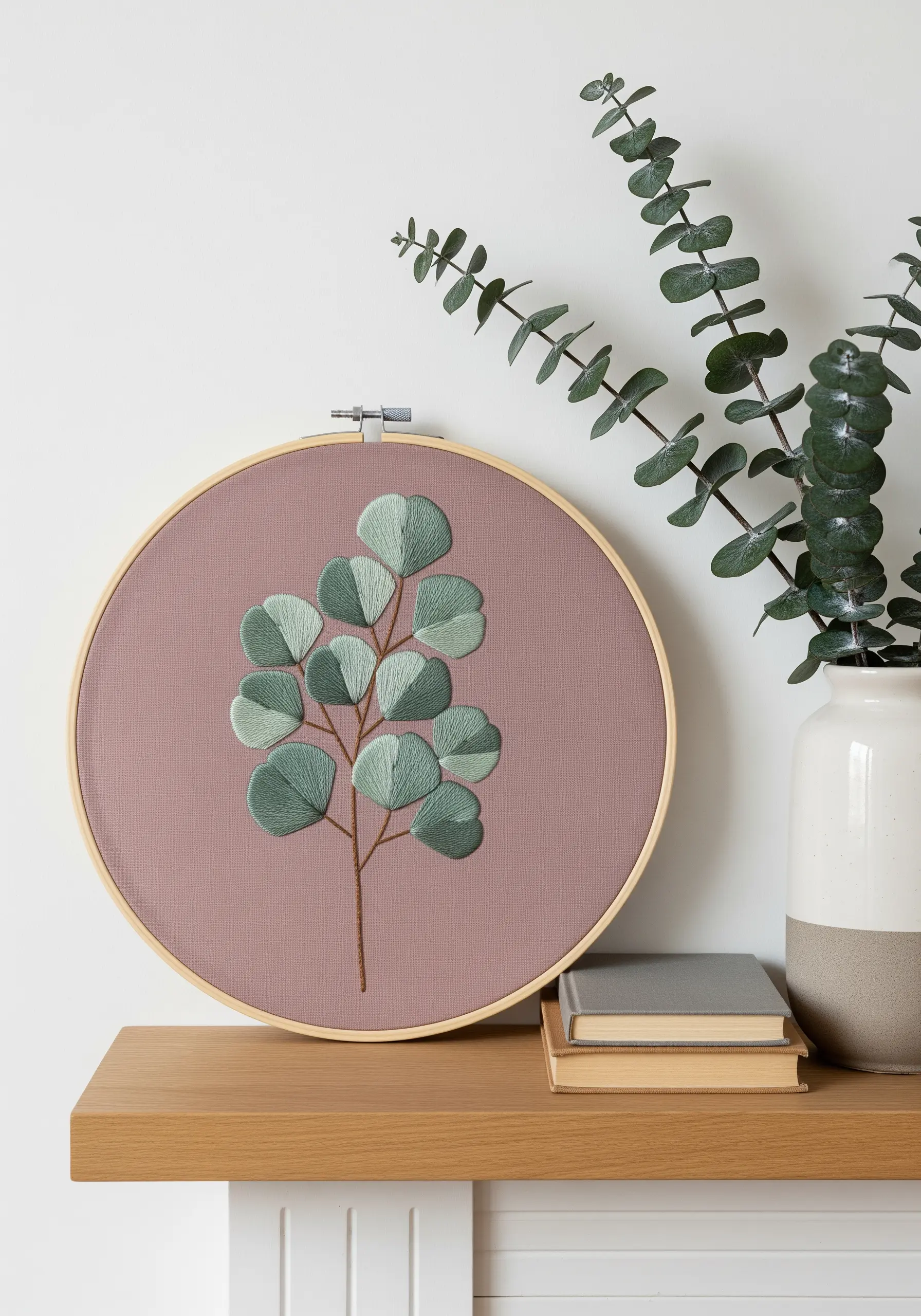A branch of eucalyptus embroidered with soft green satin stitch leaves on a dusty pink fabric.