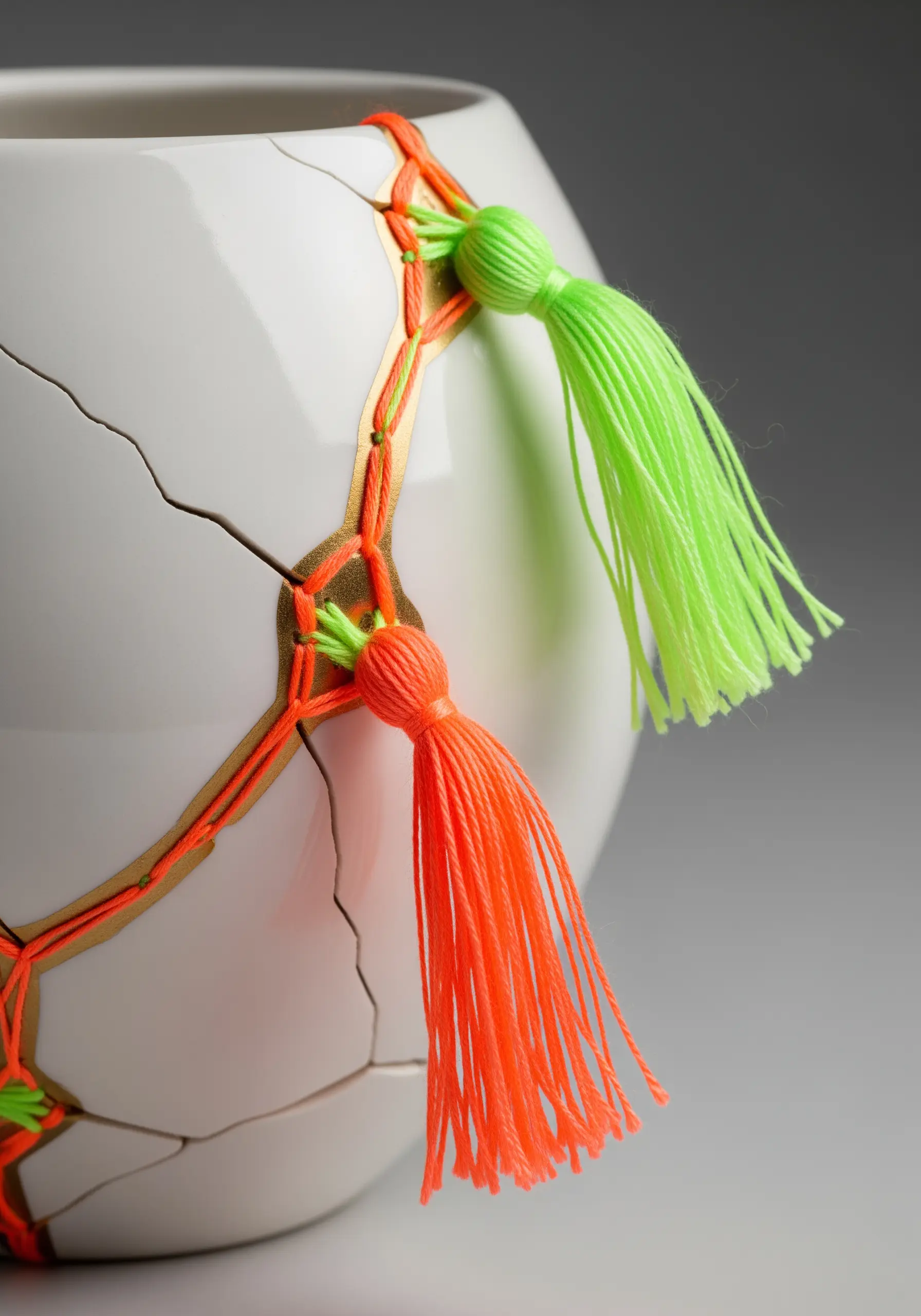 White ceramic vase repaired with neon orange thread and tassels