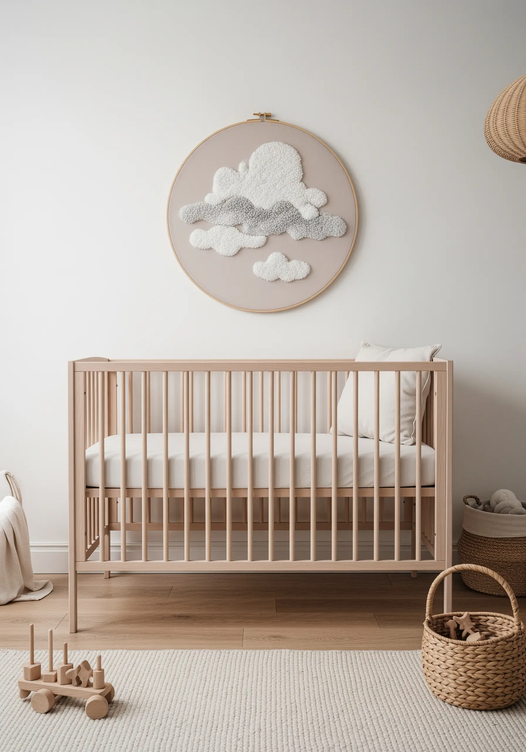 Embroidery hoop art with fluffy, textured clouds in white and grey, perfect for a nursery.