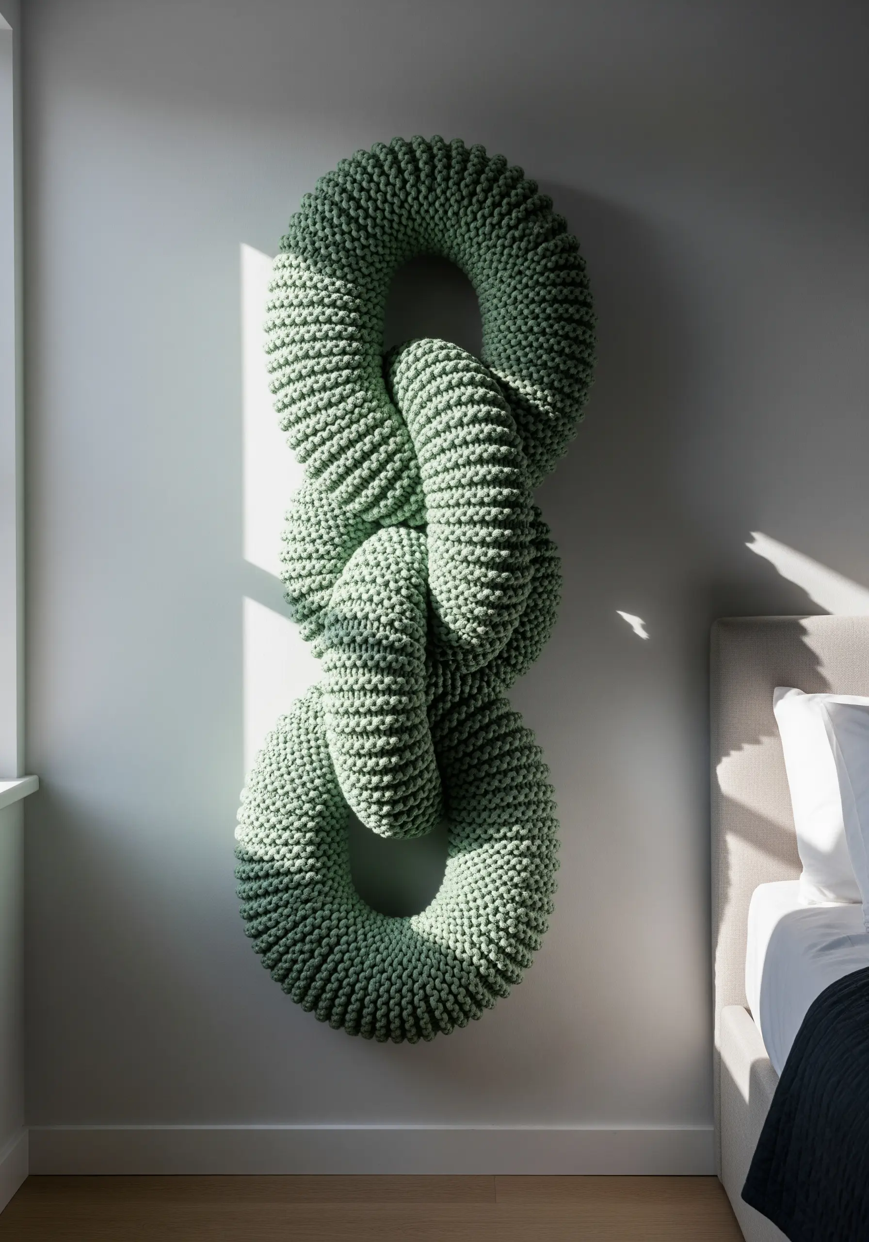 A giant, soft chain made of sage green knitted tubing, hanging vertically on a wall.