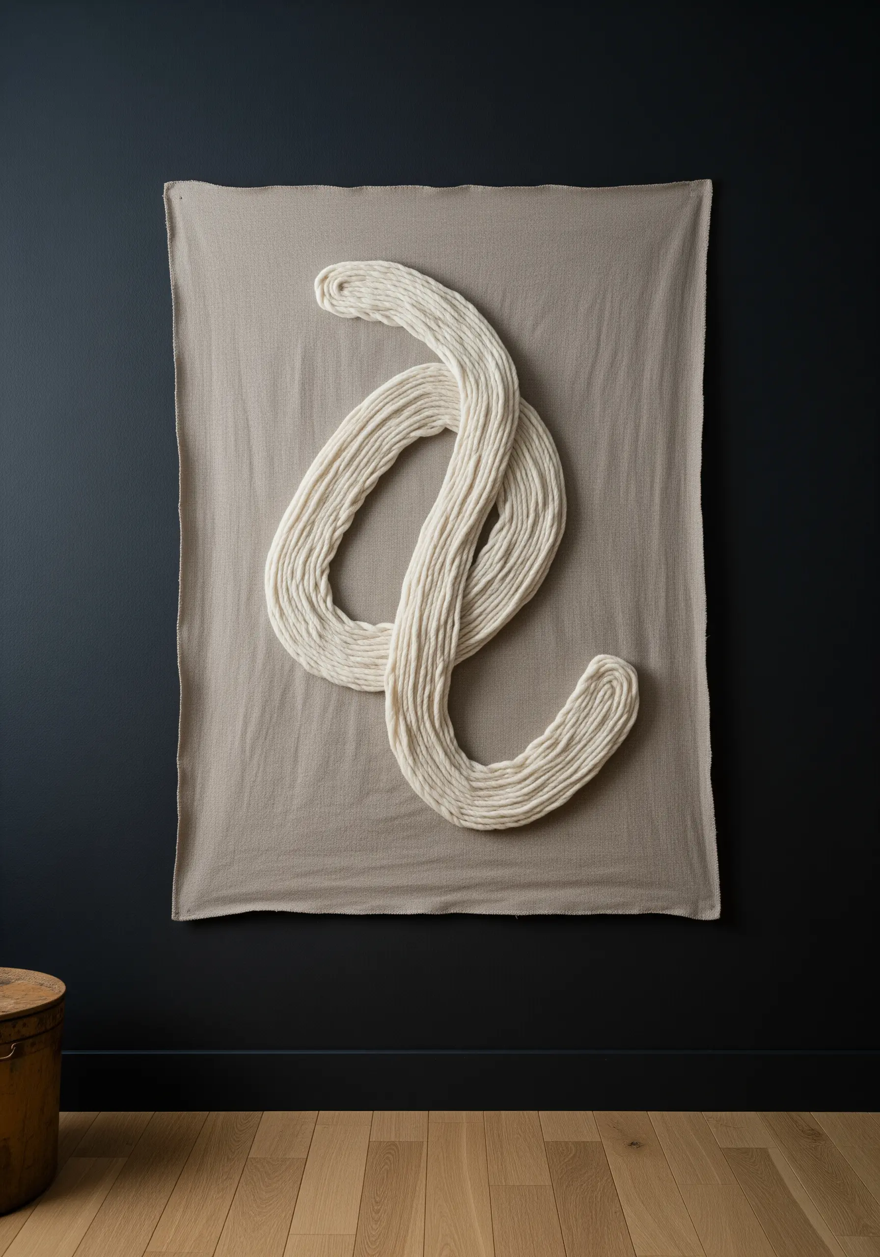 A large, abstract knot made of thick, soft white wool roving on a beige linen canvas.
