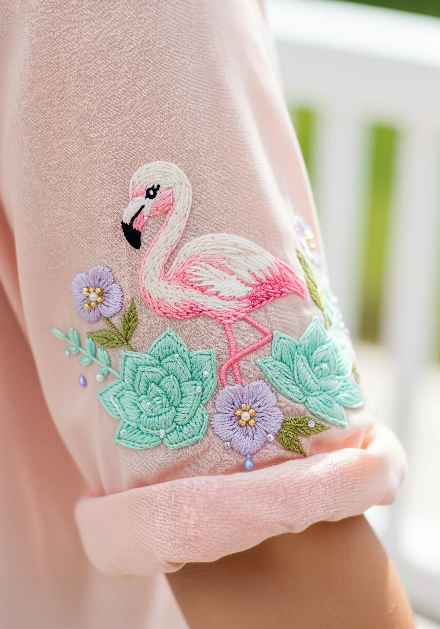 Pastel flamingo and succulent embroidery on pink sleeve