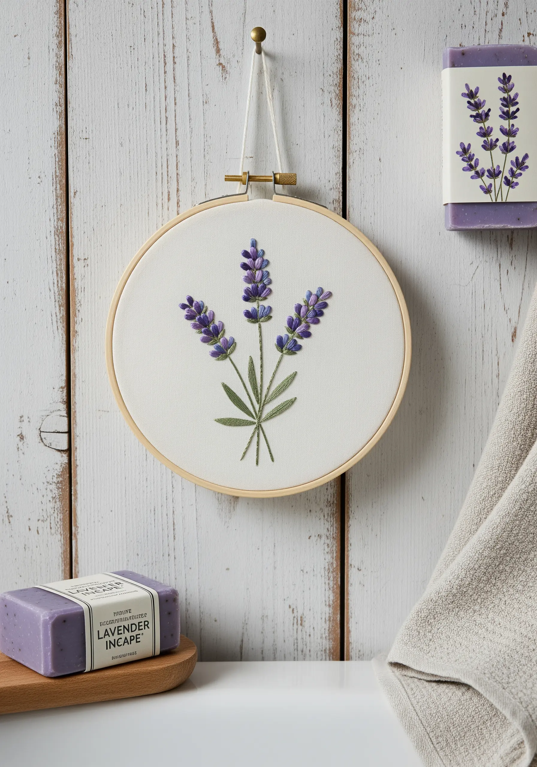 Three lavender stems embroidered with purple French knots and green leaves on white fabric.