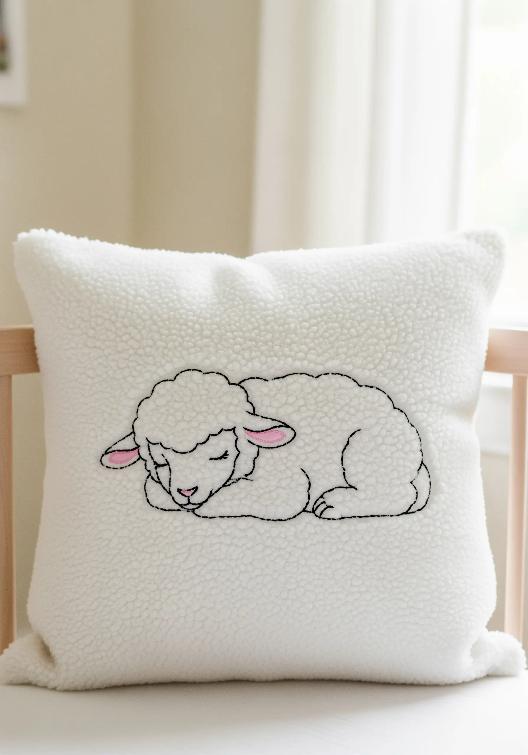 A simple line-art sleeping lamb embroidered on a fluffy white sherpa pillow.