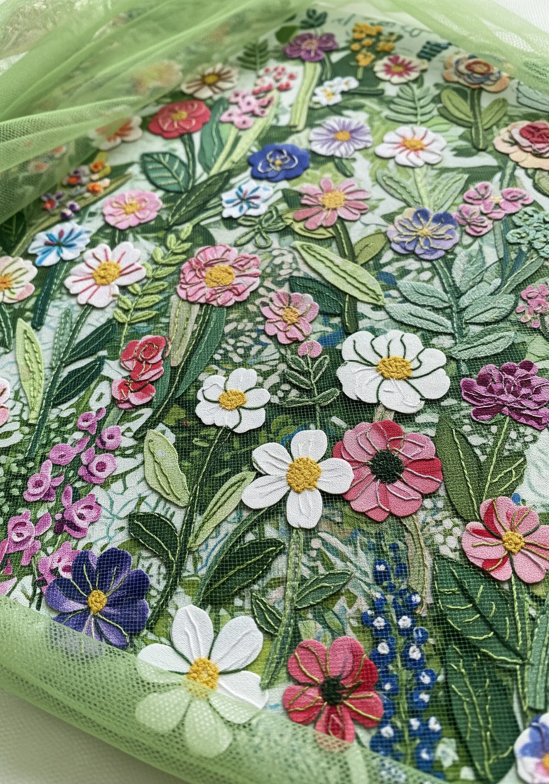 Embroidered fabric flowers stitched under a layer of green tulle for a garden effect.