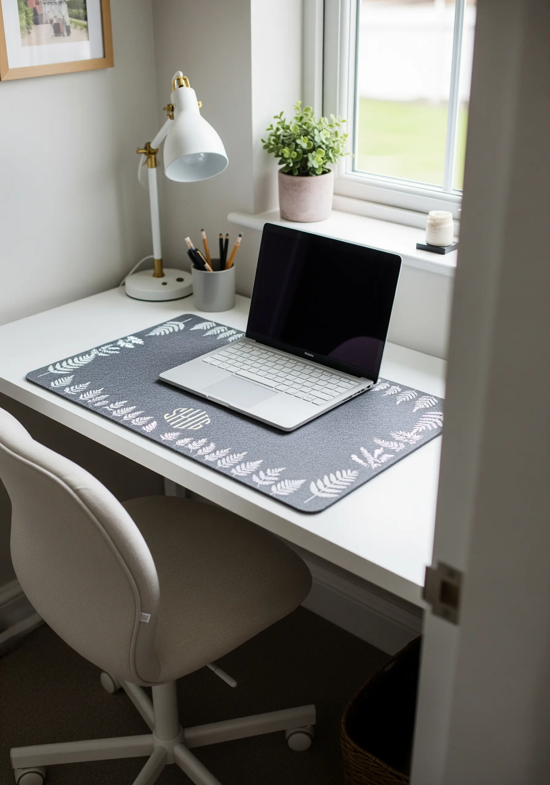 A grey felt desk mat with an embroidered border of white fern leaves.