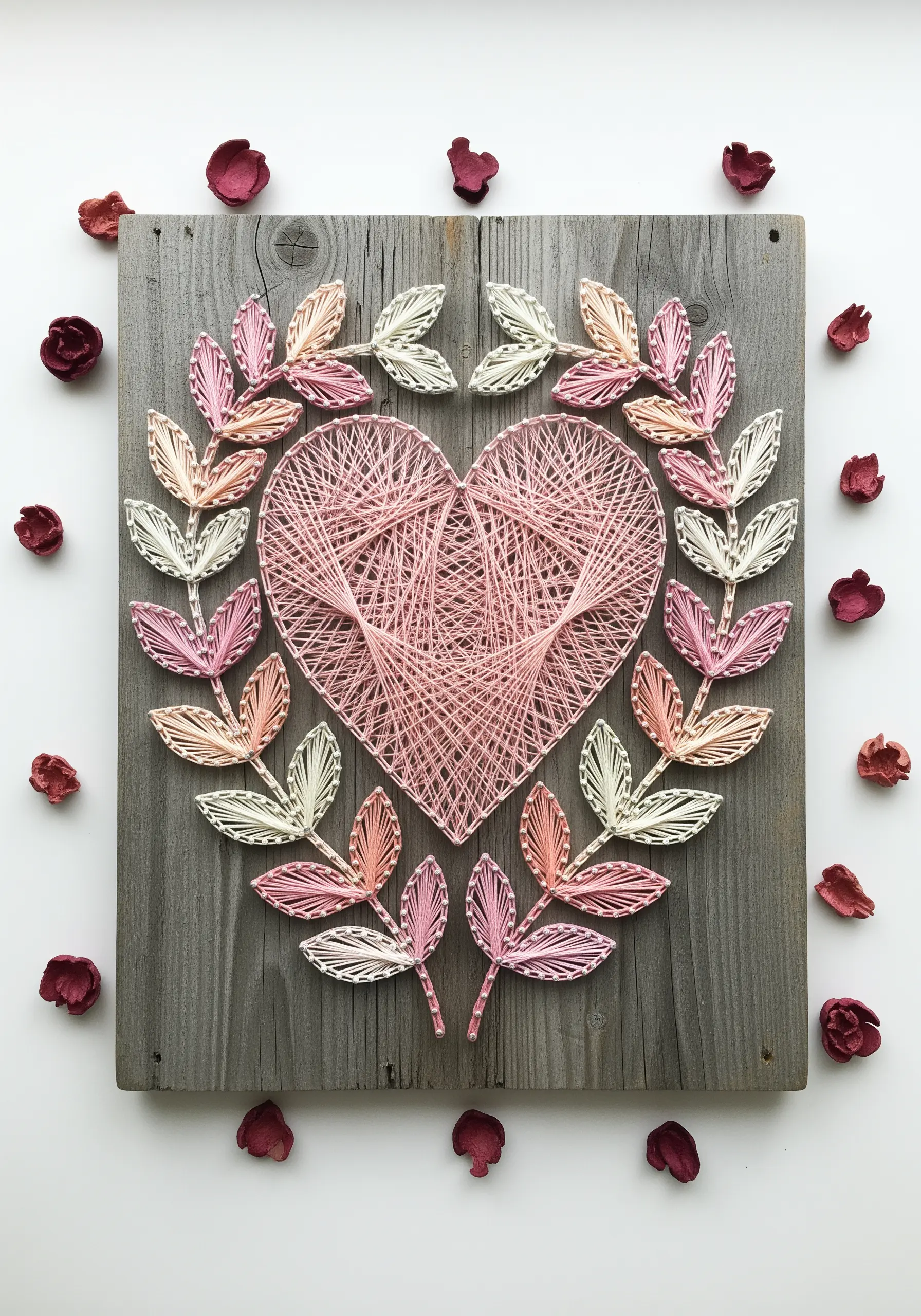 String art of a pink heart surrounded by a wreath of leaves in pastel pink and cream.