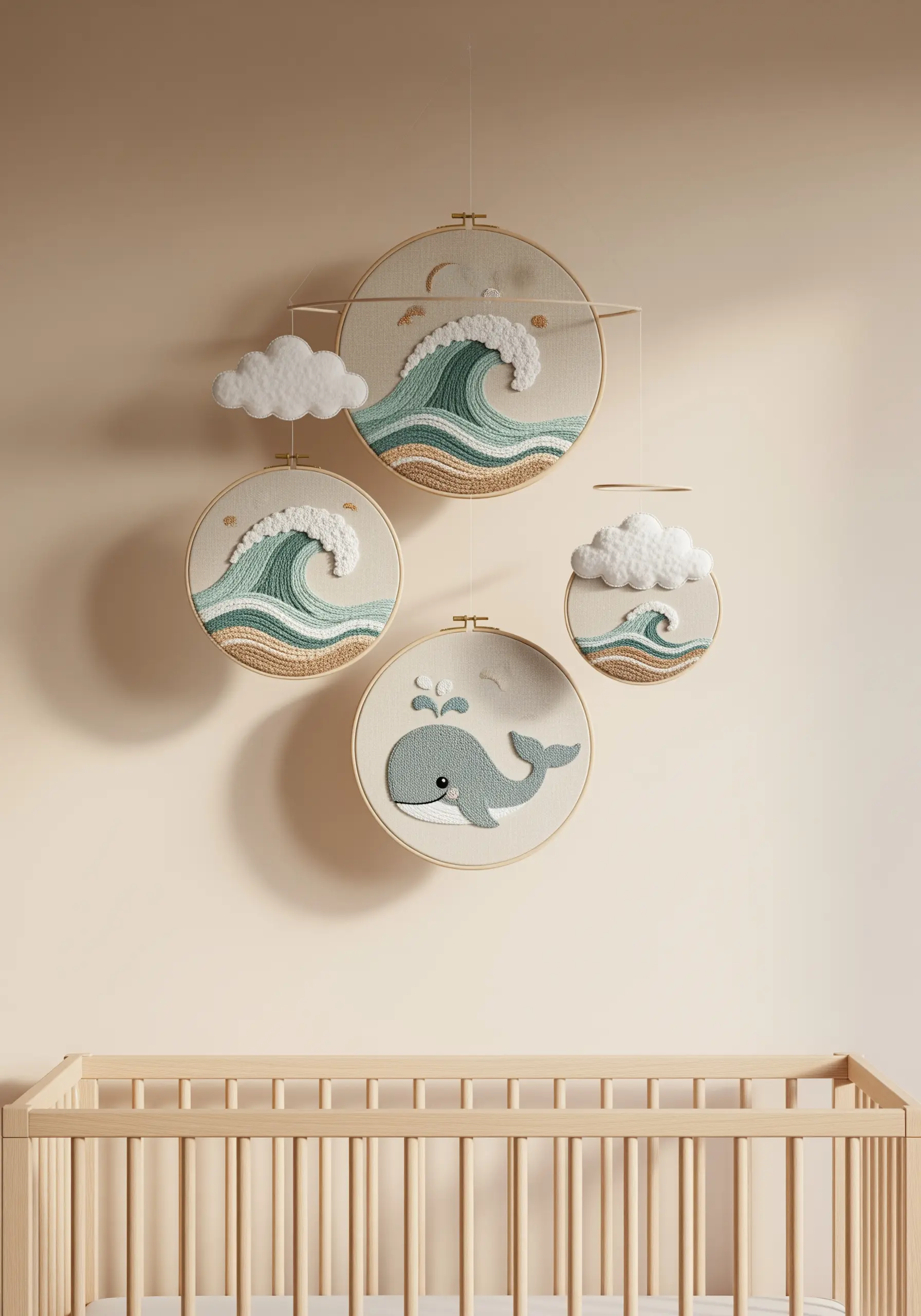An embroidery hoop mobile with waves and a whale in coastal colors.