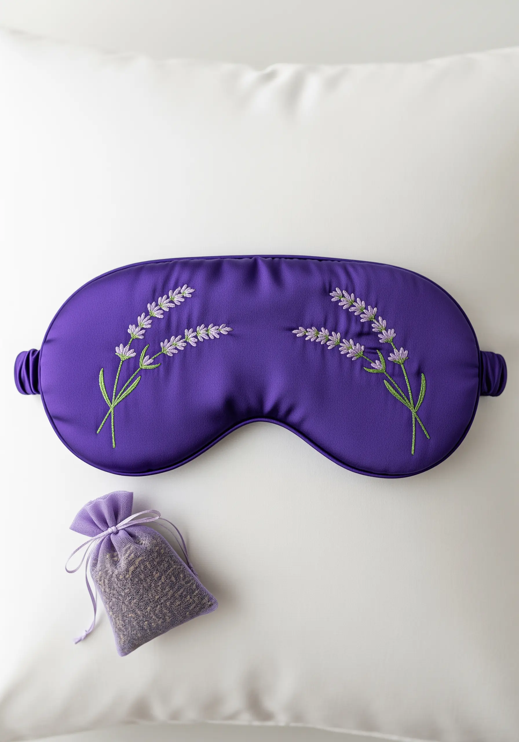 A purple silk sleep mask embroidered with two delicate sprigs of lavender.