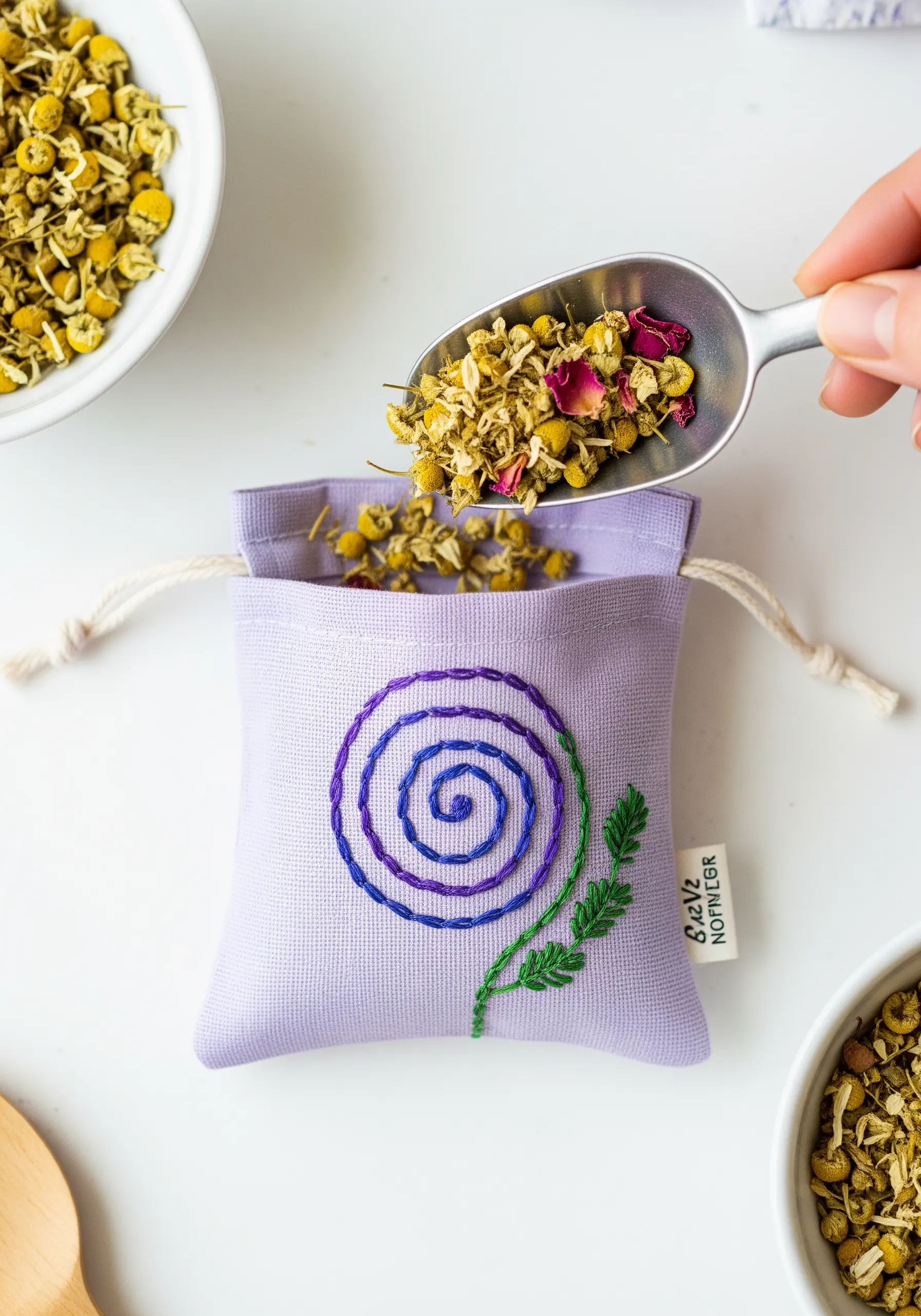 A lavender pouch with a blue and purple embroidered spiral, being filled with dried chamomile flowers.