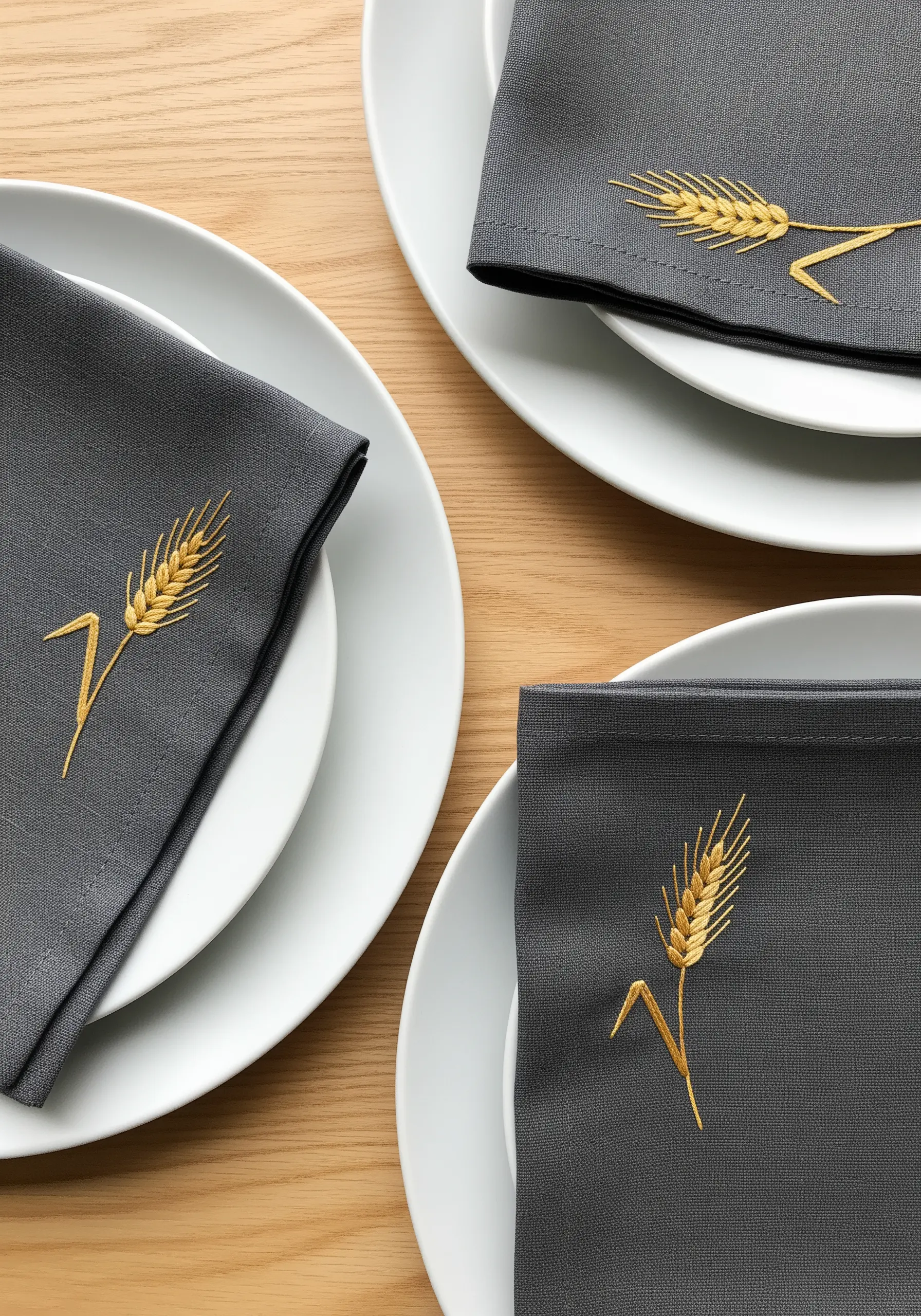 Golden wheat stalk embroidered on the corner of dark gray dinner napkins.