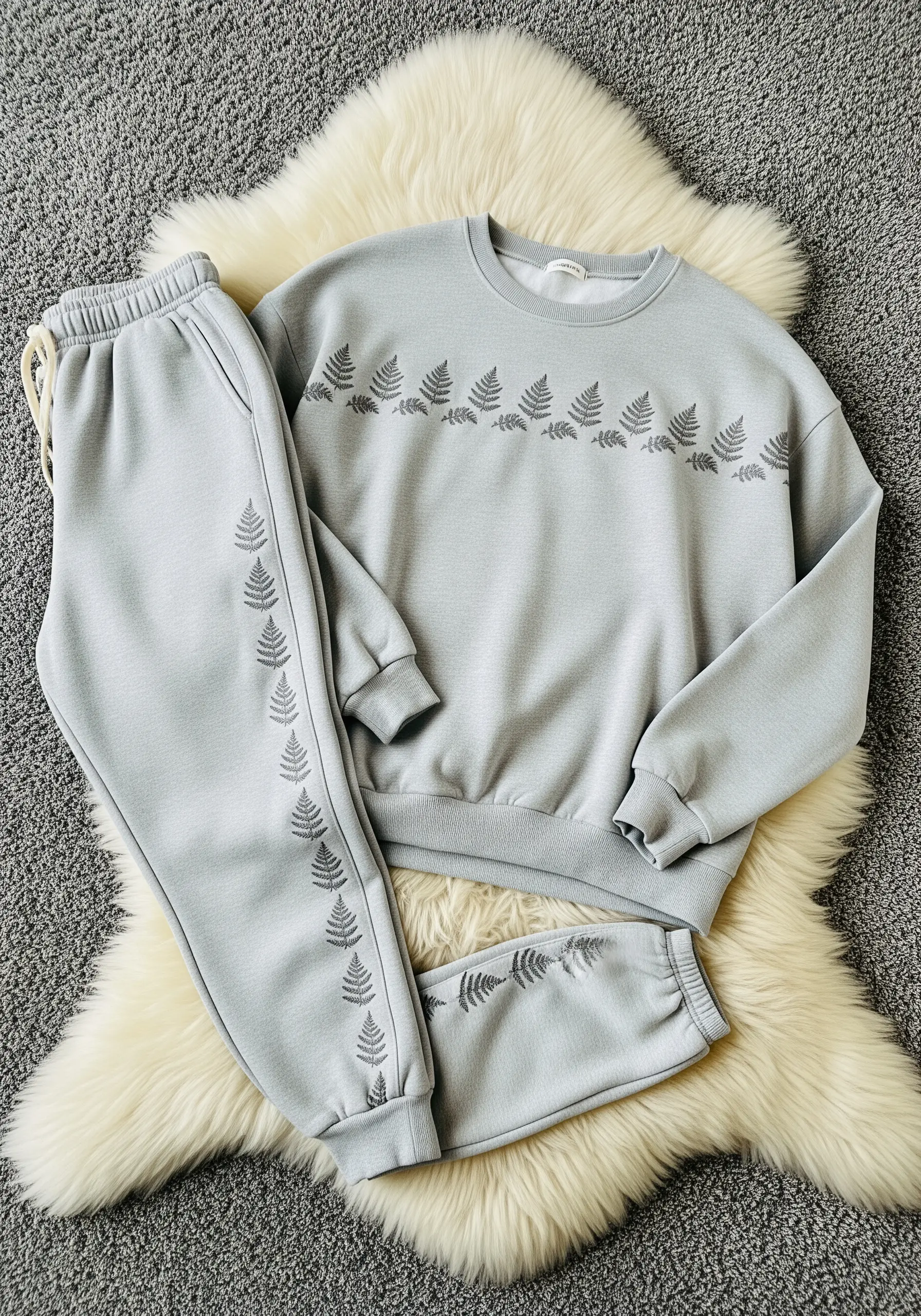 A subtle, repeating pattern of grey fern embroidery on a light blue sweatsuit.