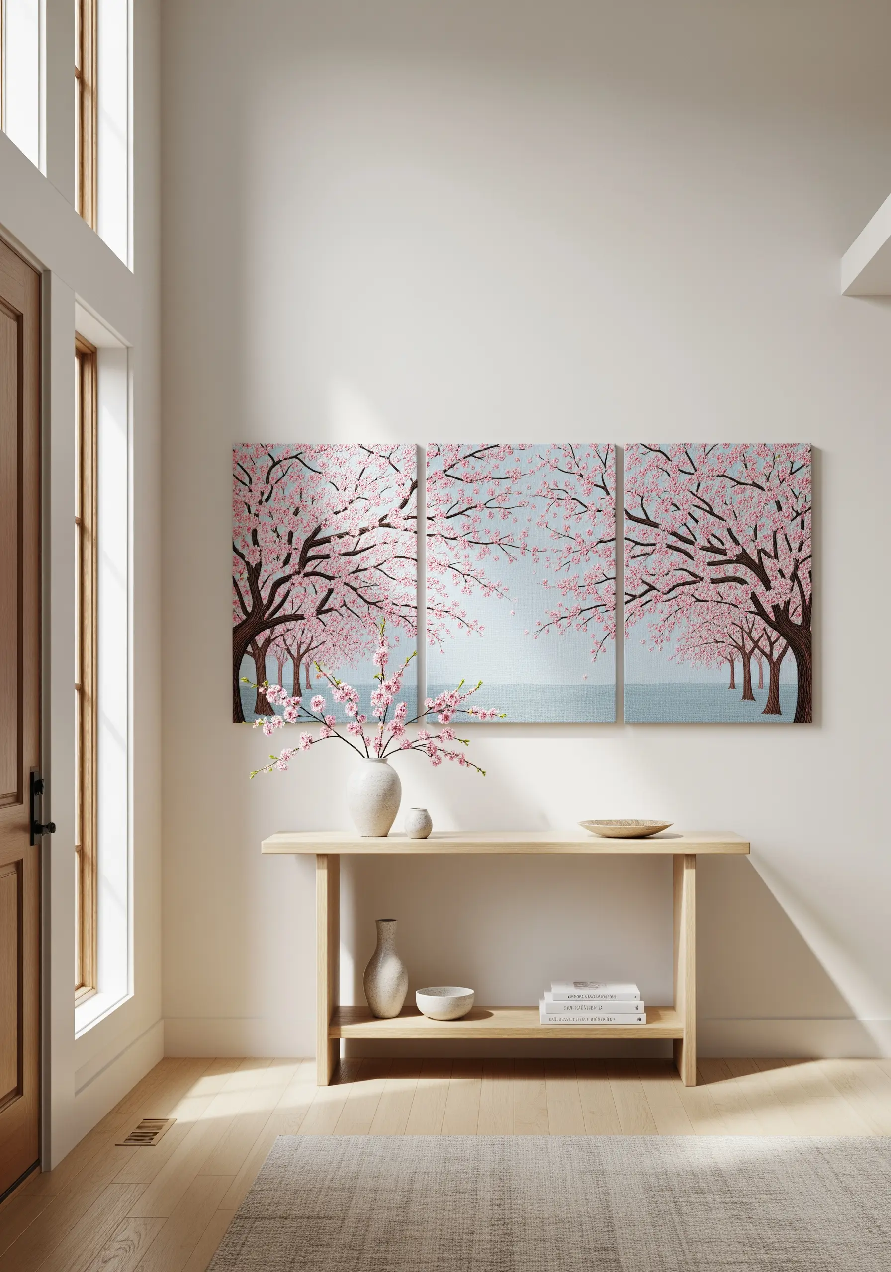 Three-panel embroidery of a cherry blossom tree