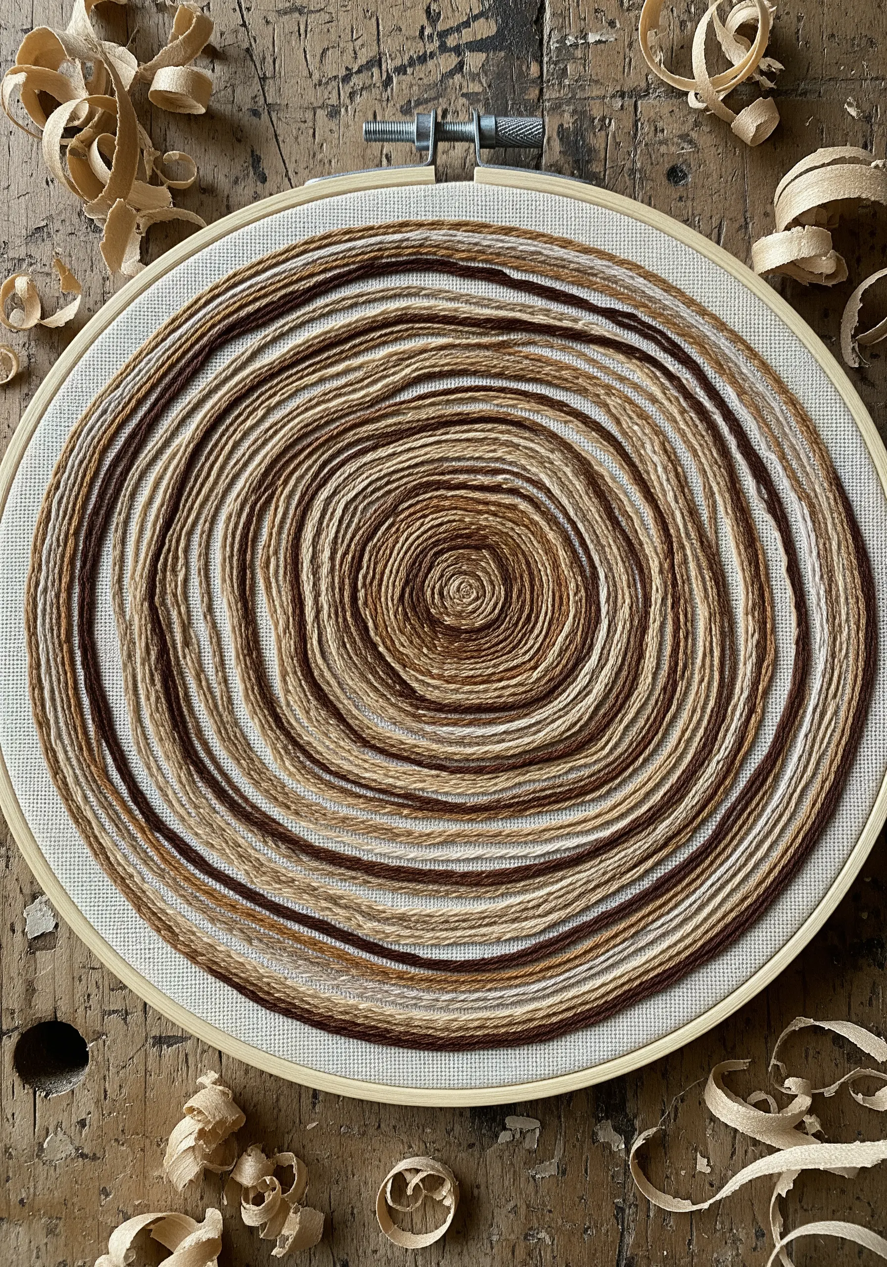 Embroidery hoop with a spiral of couched variegated brown twine, creating a tree ring effect.