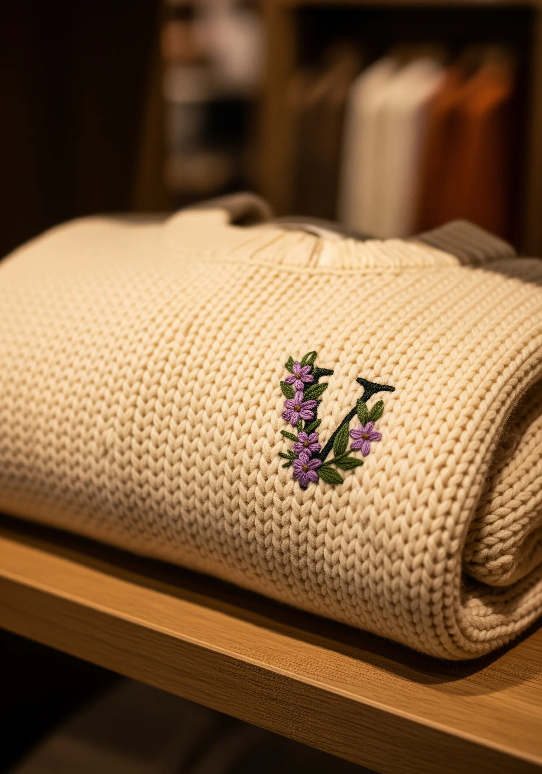 Cream knit sweater with purple violet embroidery forming the letter V