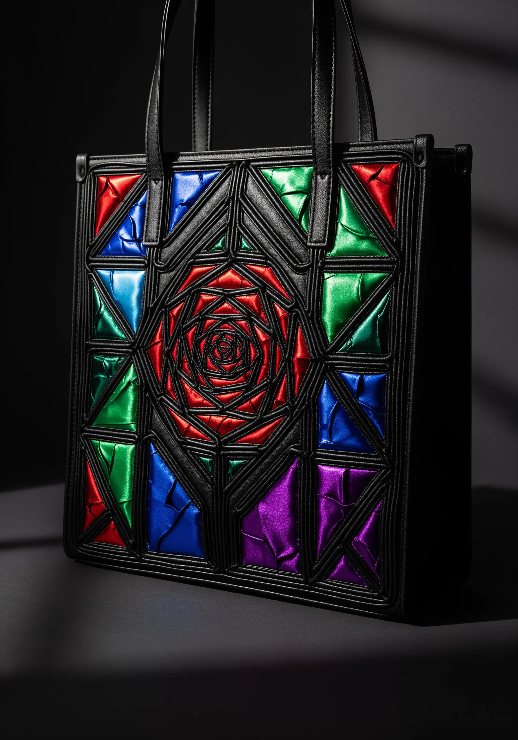 A stained-glass rose design on a black tote, created with colorful satin appliqué and black outlines.