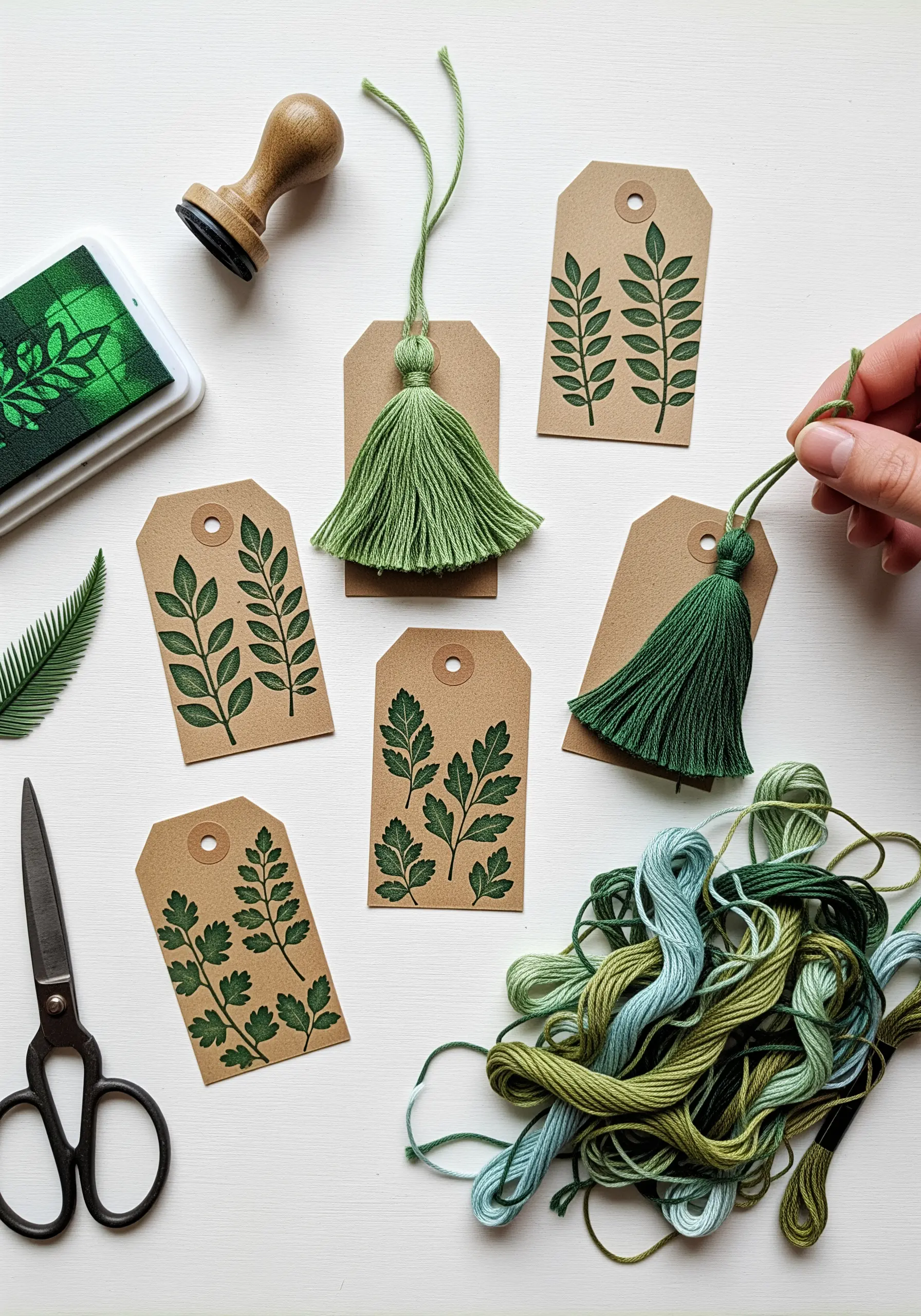 Kraft paper tags stamped with green leaf designs, adorned with handmade green embroidery floss tassels.