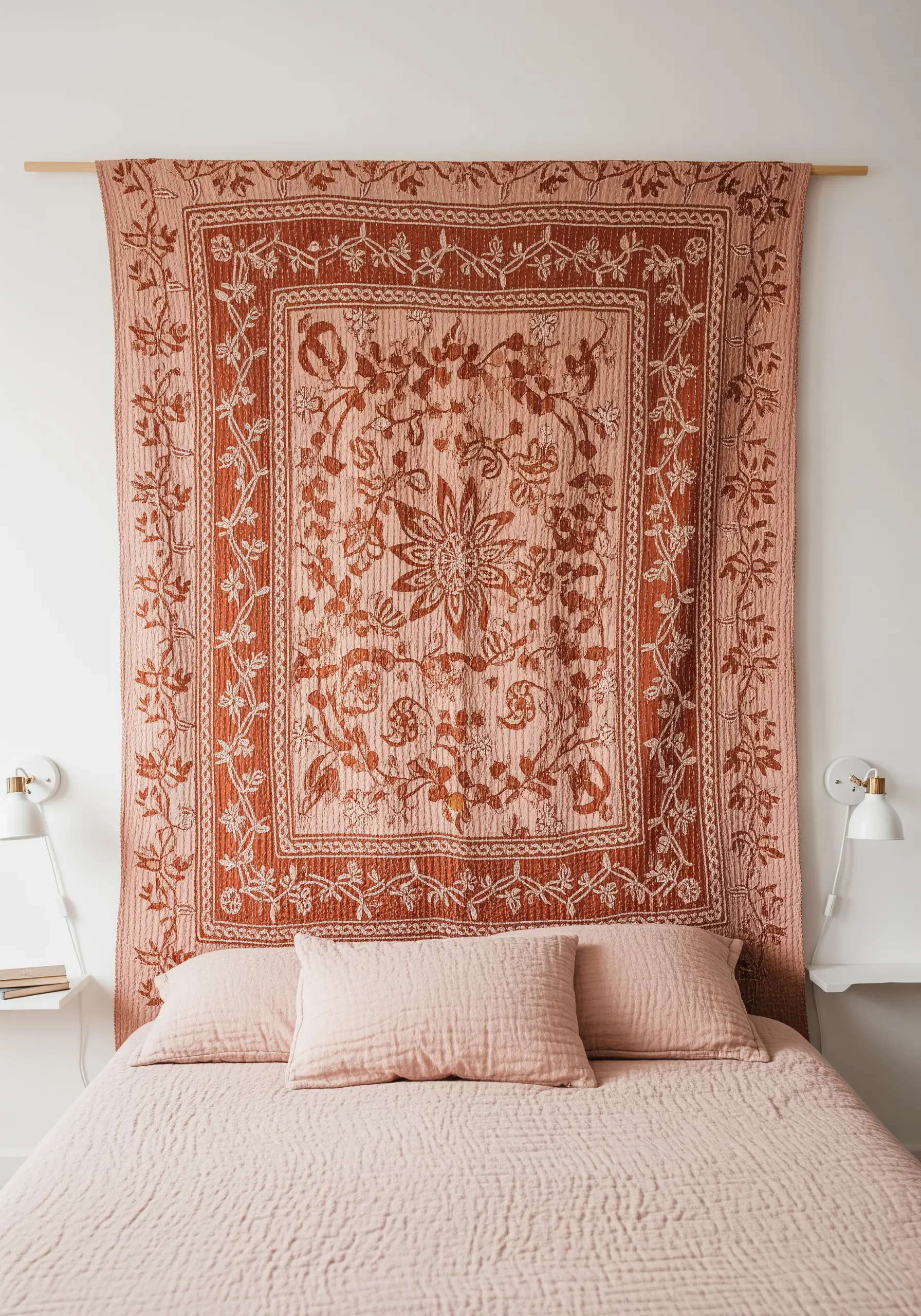 Large terracotta embroidered tapestry hanging behind a wooden bed