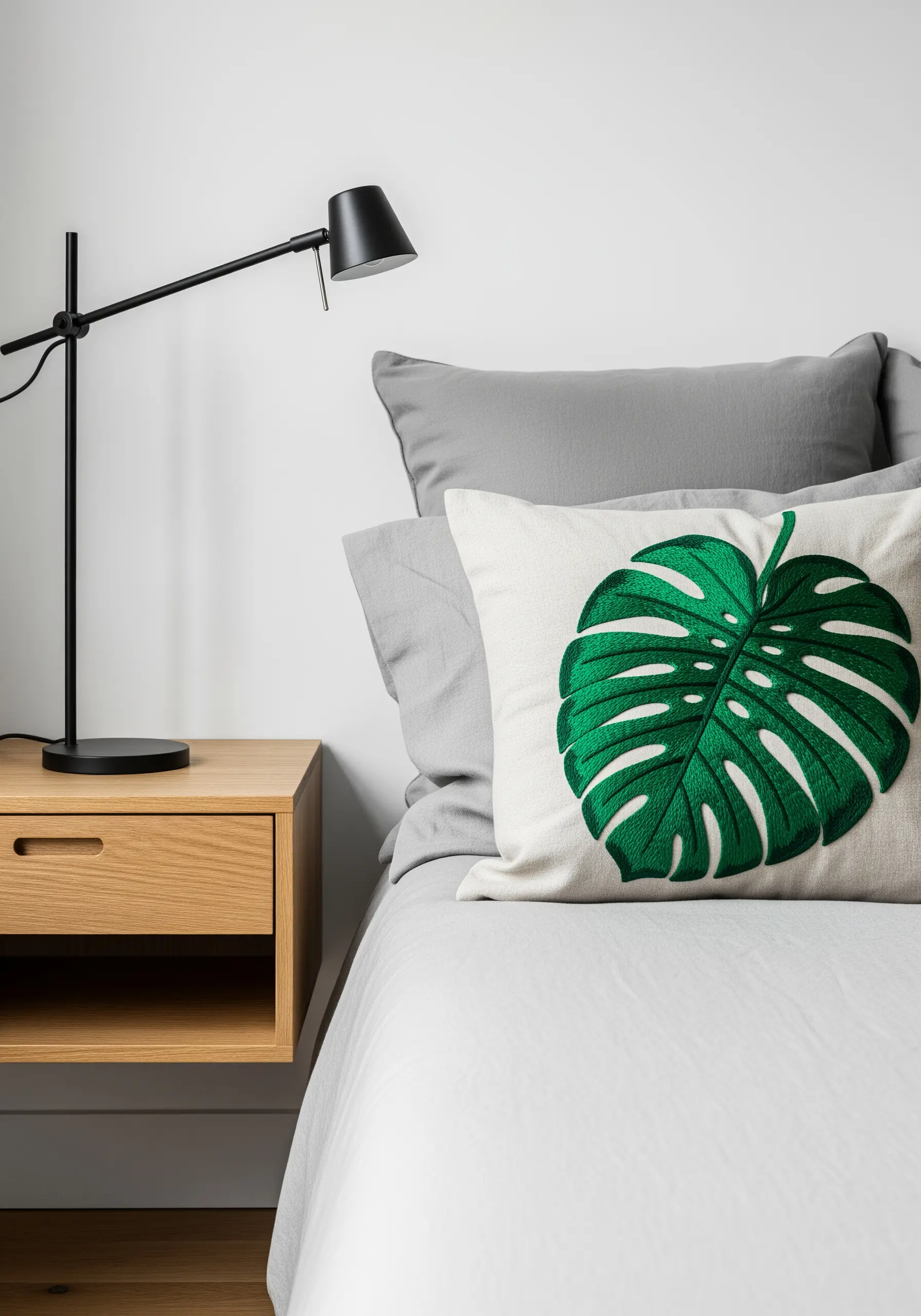 A close-up of a white cushion with a large, vibrant green monstera leaf embroidered in satin stitch.
