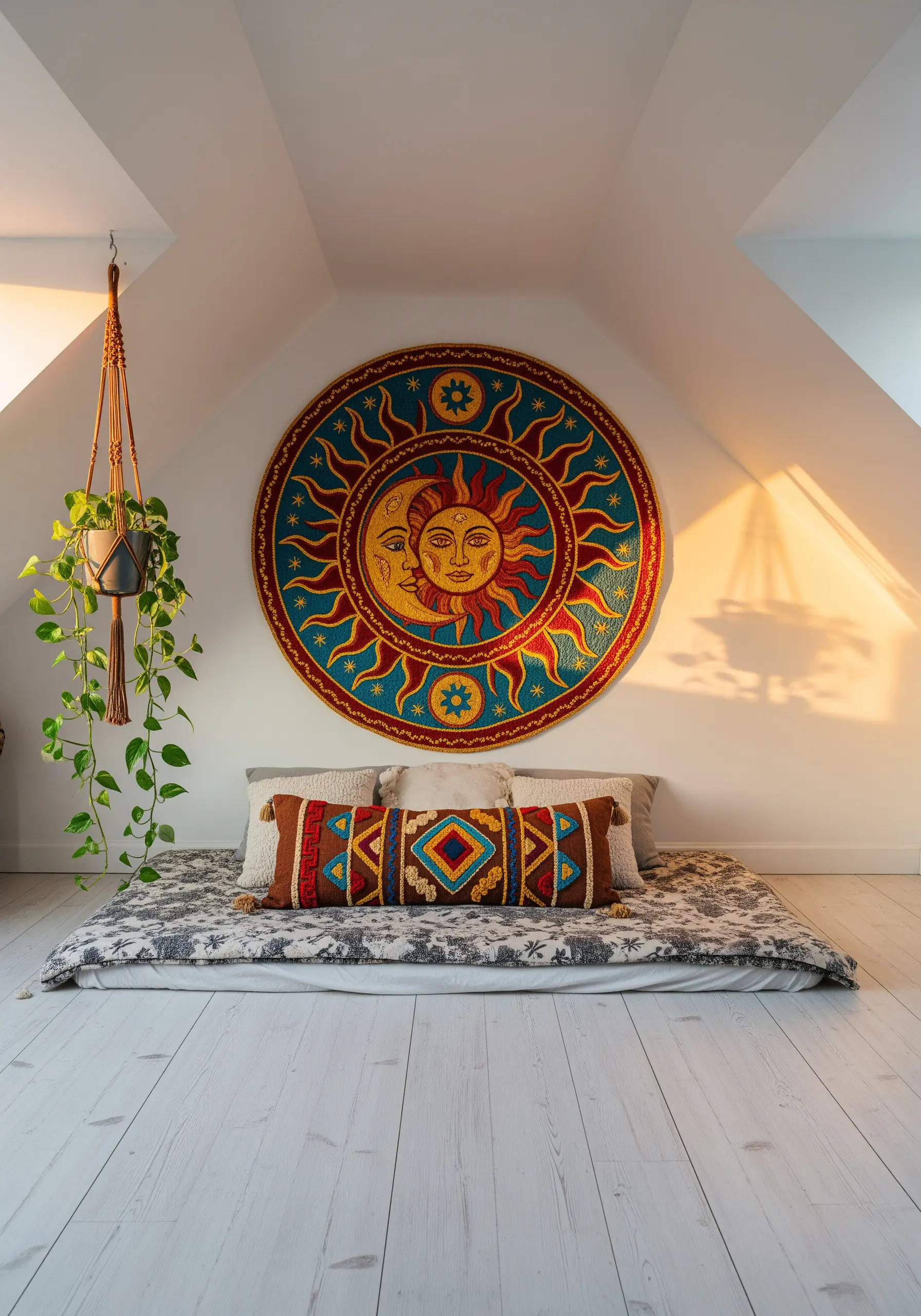 A large, circular embroidered wall hanging with a vibrant celestial sun and moon motif.