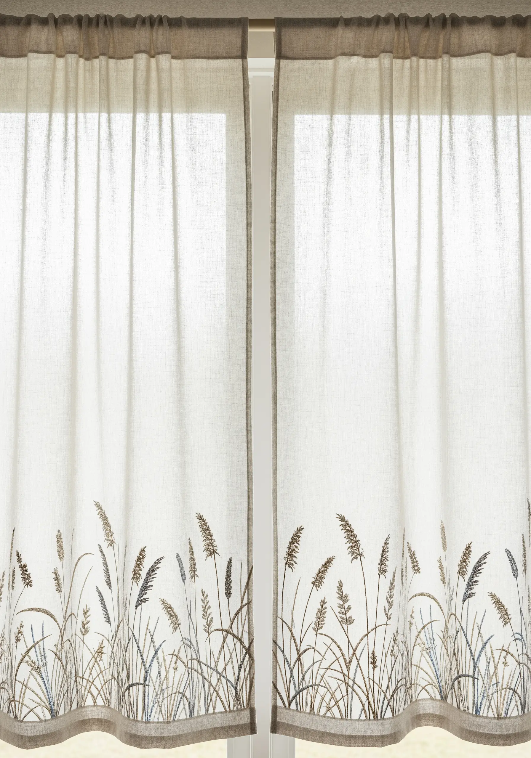 A border of wild grasses and wheat embroidered on sheer, beige linen curtains.