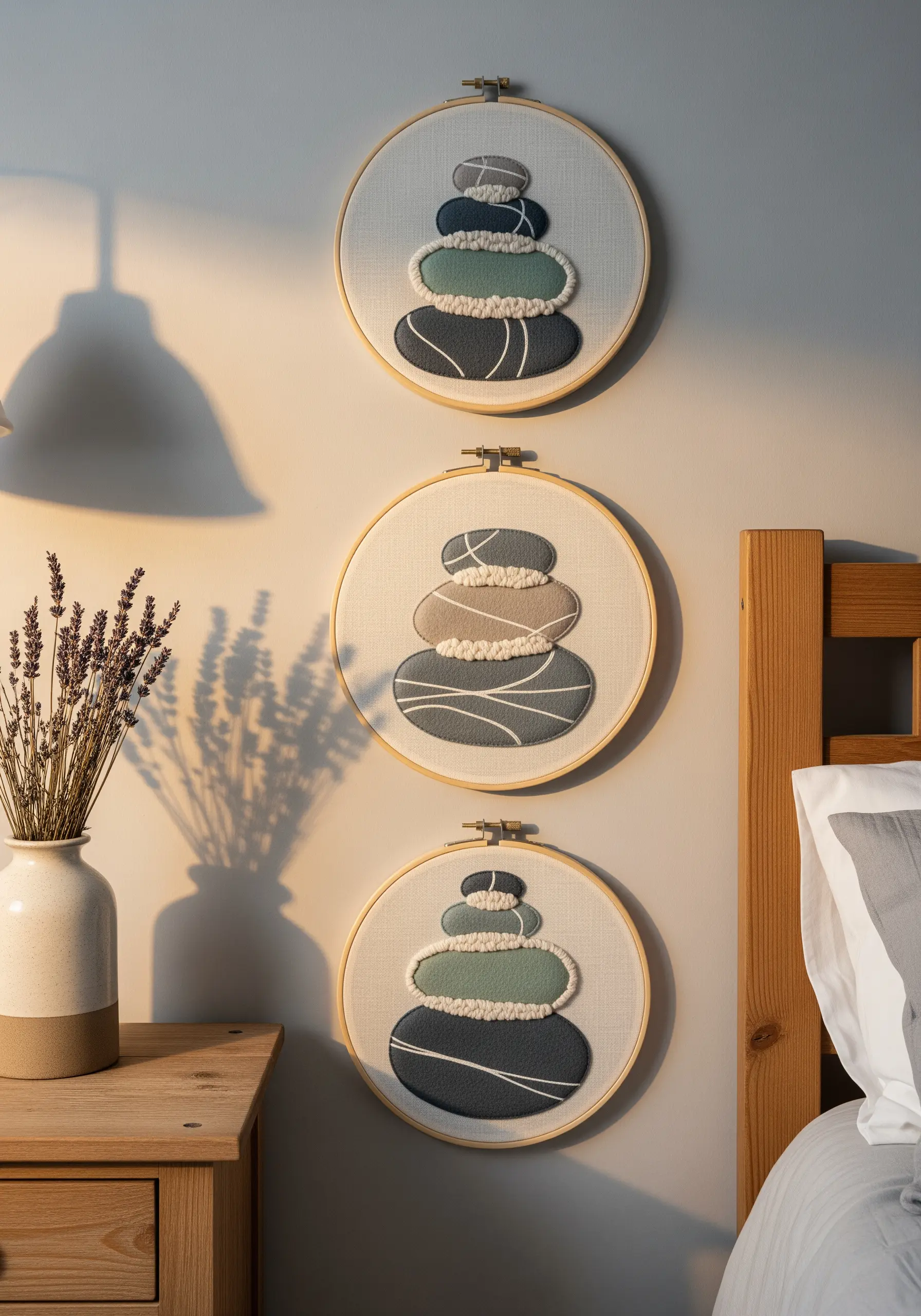 Three embroidery hoops with appliquéd fabric stones stacked in a cairn design.