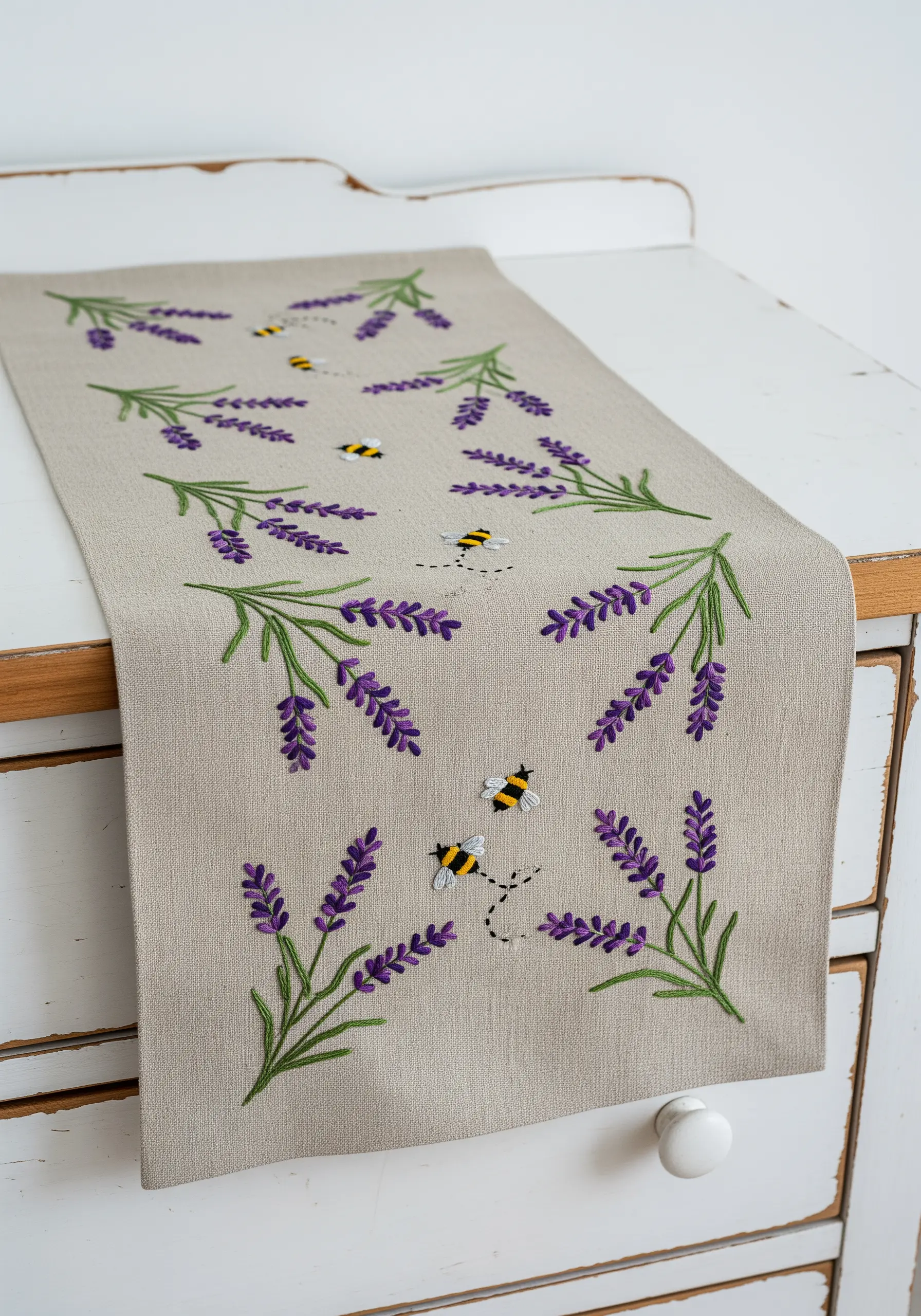 A linen table runner on a white dresser, embroidered with scattered sprigs of lavender and tiny bees.